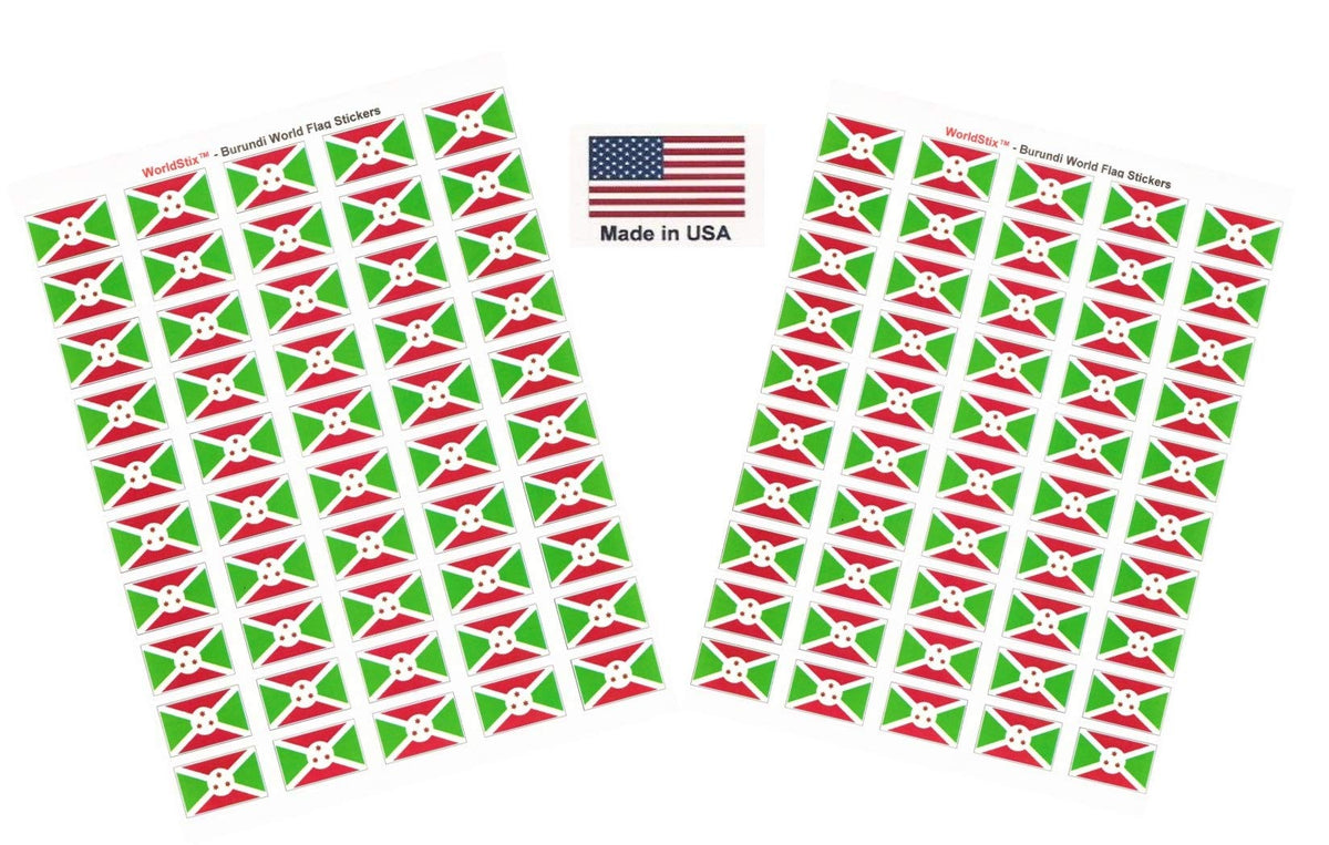 Made In Usa 100 Country Flag 15 X 1 Self Adhesive World Flag Stickers, Two Sheets Of 50, 100 Sticker Flags Total (Burundi)