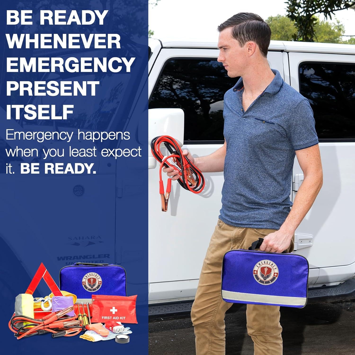 Roadside Car Emergency Kit - First Aid Set, Jumper Cables, Tow Strap, Led Flash Light, Rain Coat, Tire Pressure Gauge, Safety Ve