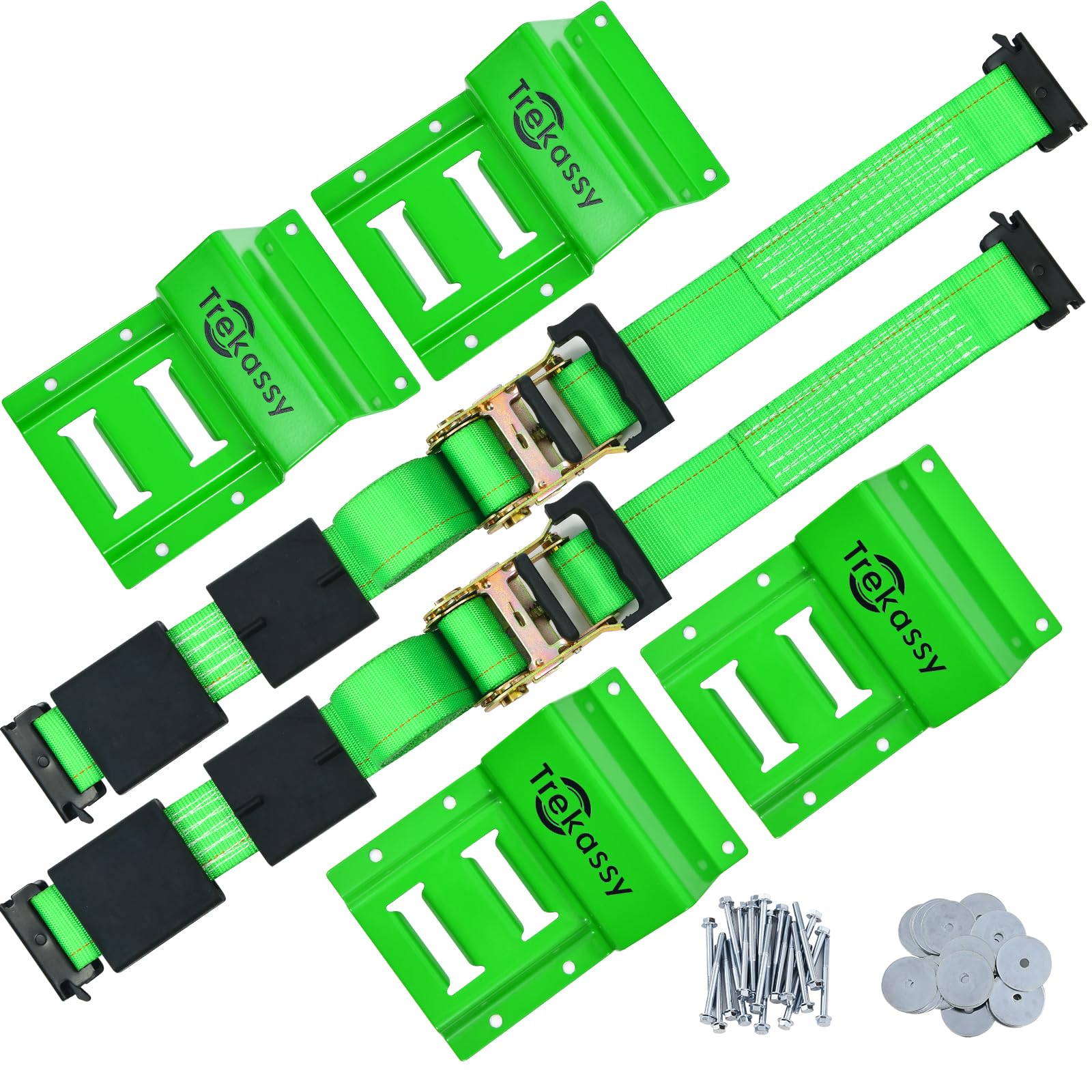 Trekassy Wheel Chock Tie-Down Kit With Rubber Blocks, (4,400Lb Break Strength) Heavy Duty E Track Trailer Tire Straps For Atv, Utv, Lawn Mower- 2 Pack