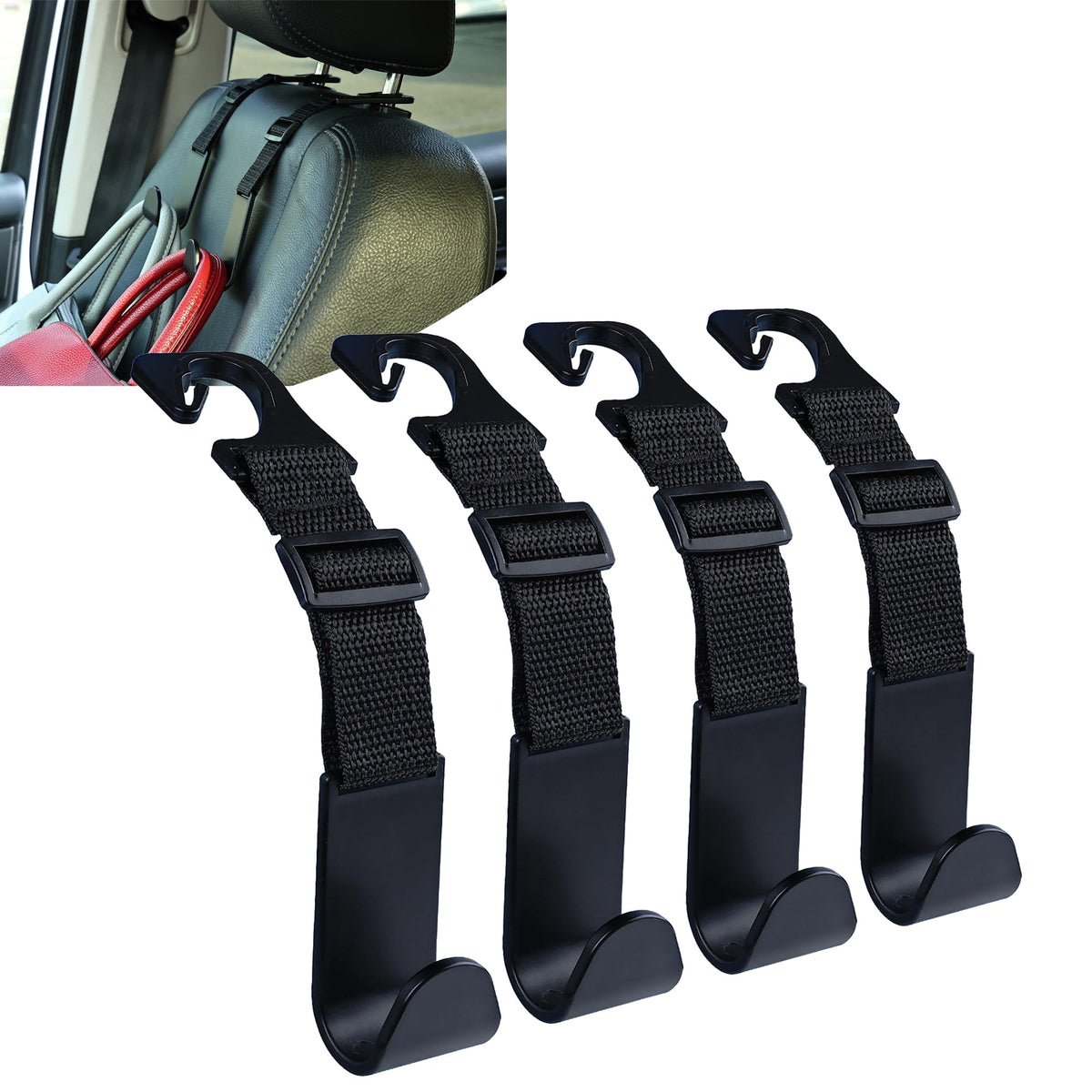 Amooca Headrest Hooks for Car Adjustable 4 Pack Vehicle Seat Back Organizer Storage Hanger Holder for Purse Bags Universal Fit B