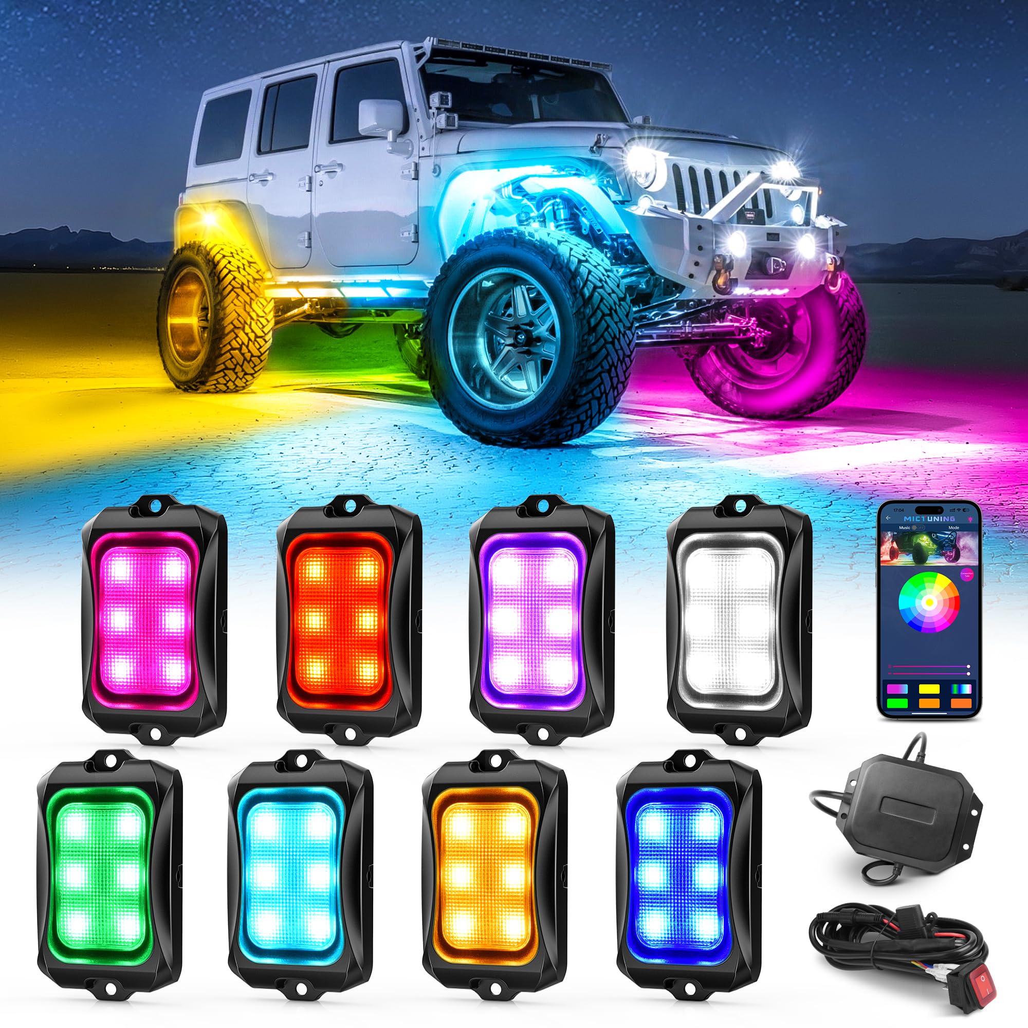 Mictuning Rgb+Ic Chasing Color Led Rock Lights Kit - 8 Pods Underglow With App Control, Ip68 Waterproof, Extendable To 24 Pods -