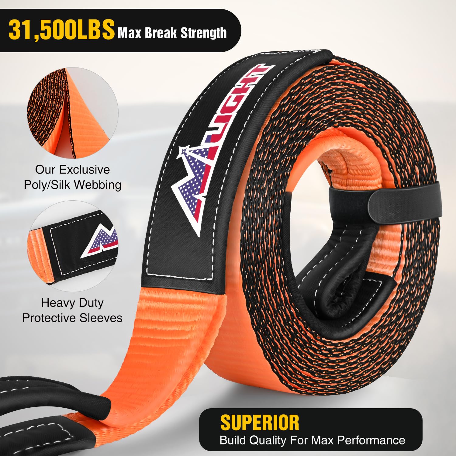 Nilight 3'' x 30' Recovery Tow Strap Lab Tested 31,500lbs Break Strength Heavy Duty Off Road Straps with Triple Reinforced Loop