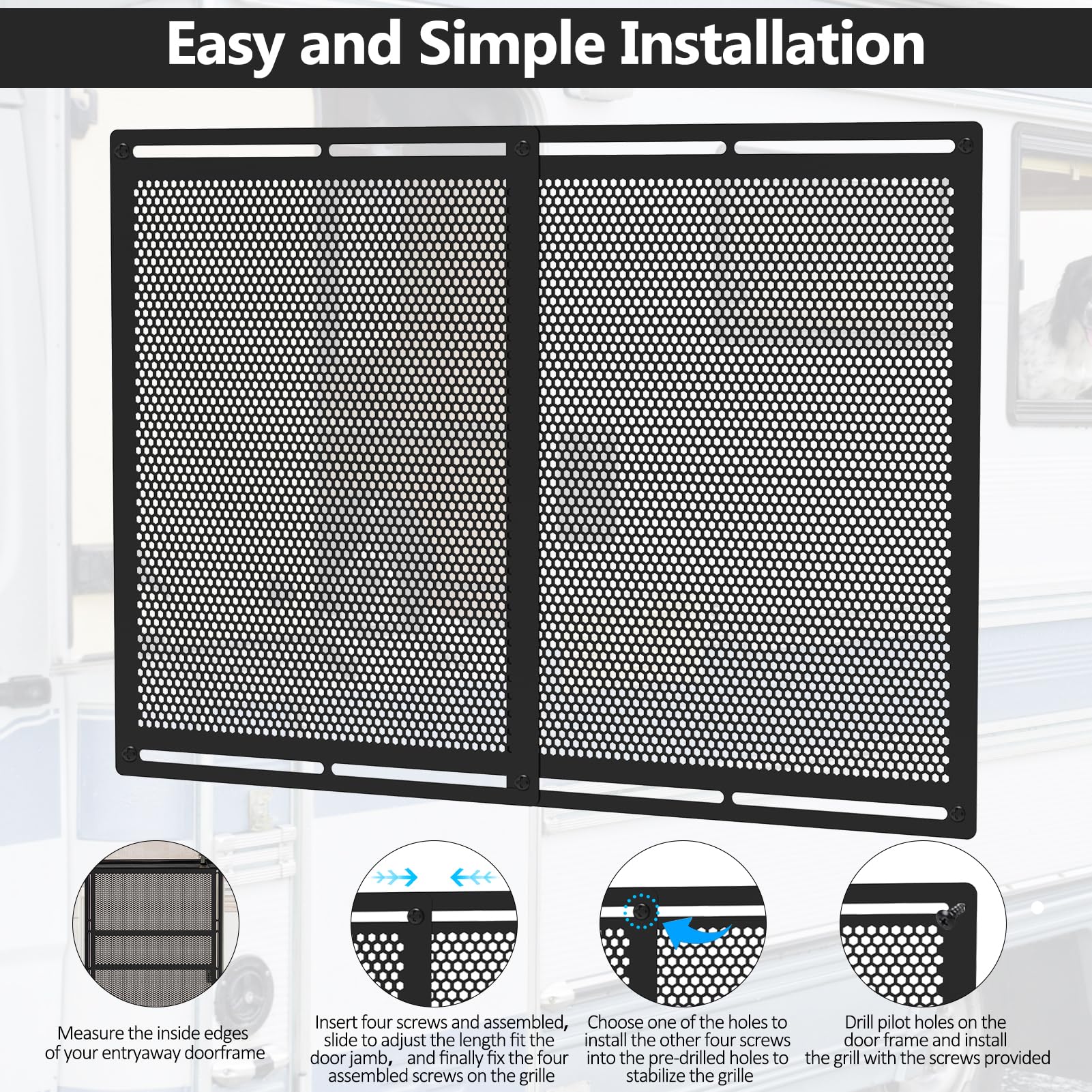 Kessainely RV Entry Screen Door Grille,Upgraded Adjustable 16-31 in Width, 21.26 in Height, Metal Entry Screen Door Protector,Ca