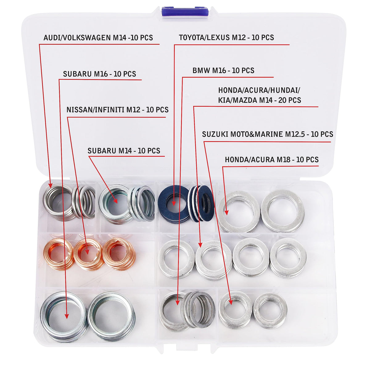 100Pcs Oil Drain Plug Crush Washer Gasket Seal Assortment - M12 M12.5 M14 M16 M18 M20 - Replacement For Nissan/Toyota/Audi/Volks