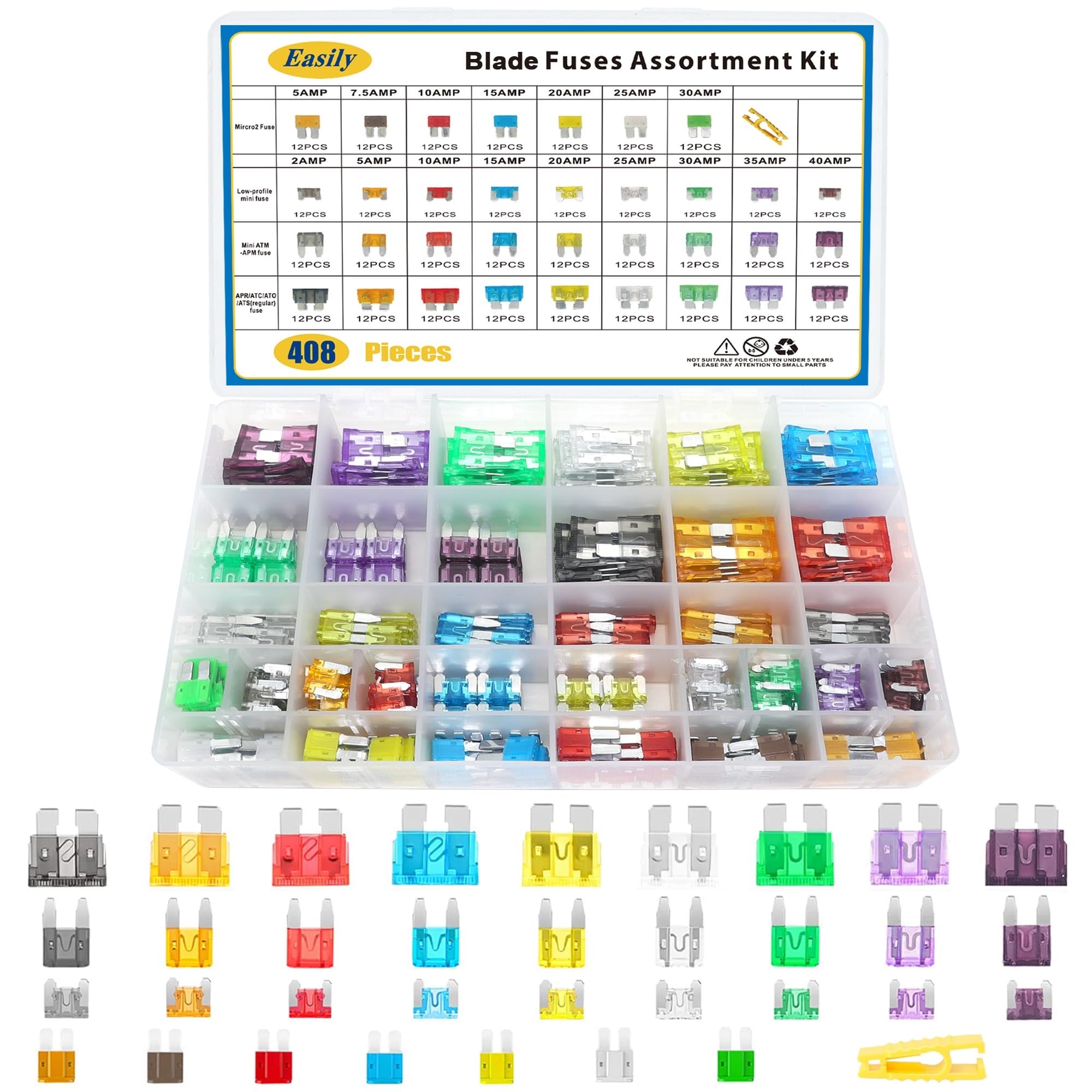 408 PCS Car Fuses Assortment Kit Standard Mini LP Mini Micro2 Blade Fuse ATO ATC APS ATS APR 2A 5A 7.5A 10A 15A 20A 25A 30A 35A 