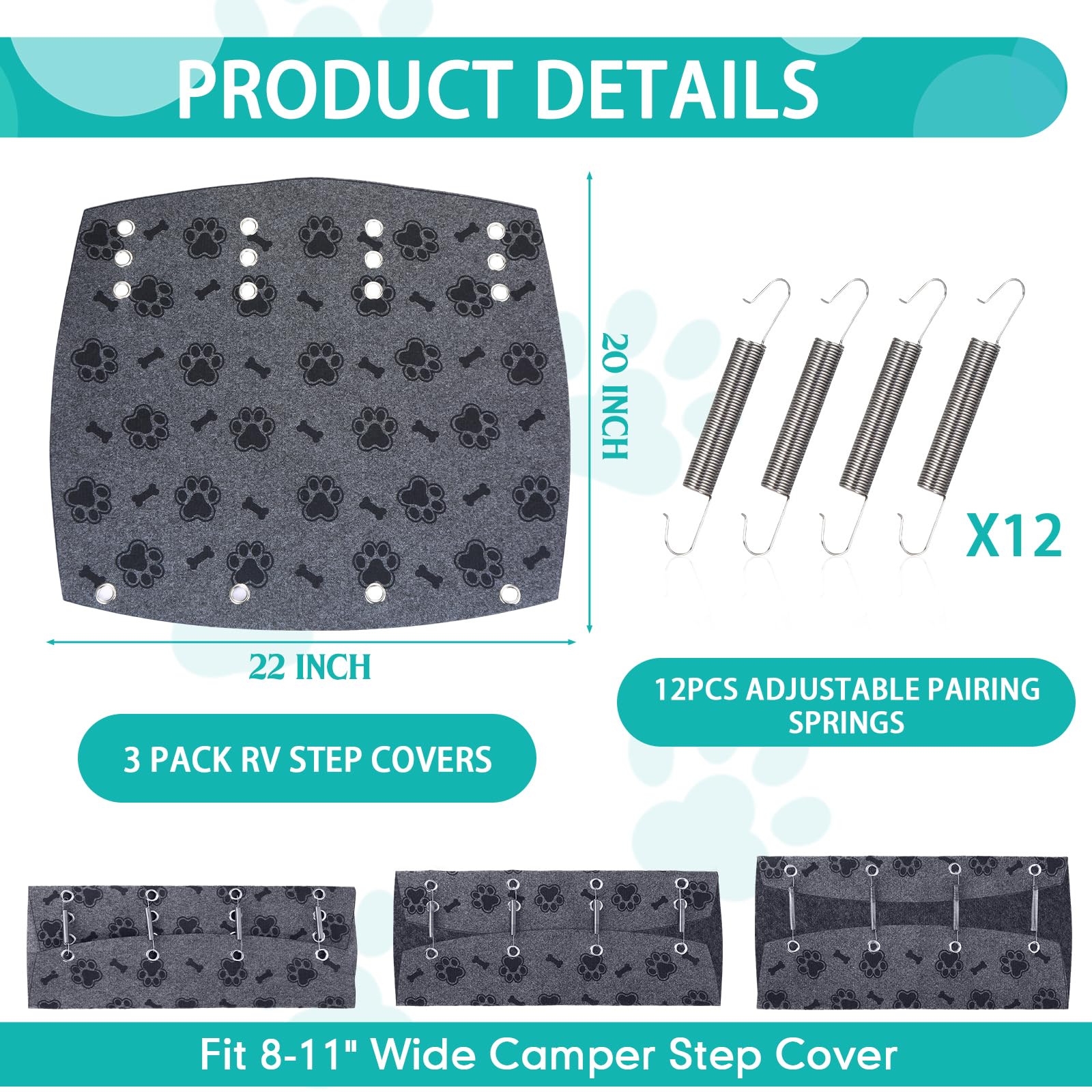 Tinideya 3 Packs RV Step Covers 22 Wide RV Step Rug with Install Hook Stair Covers Fit 8 to 11 Deep Camper Step Carpet Cam