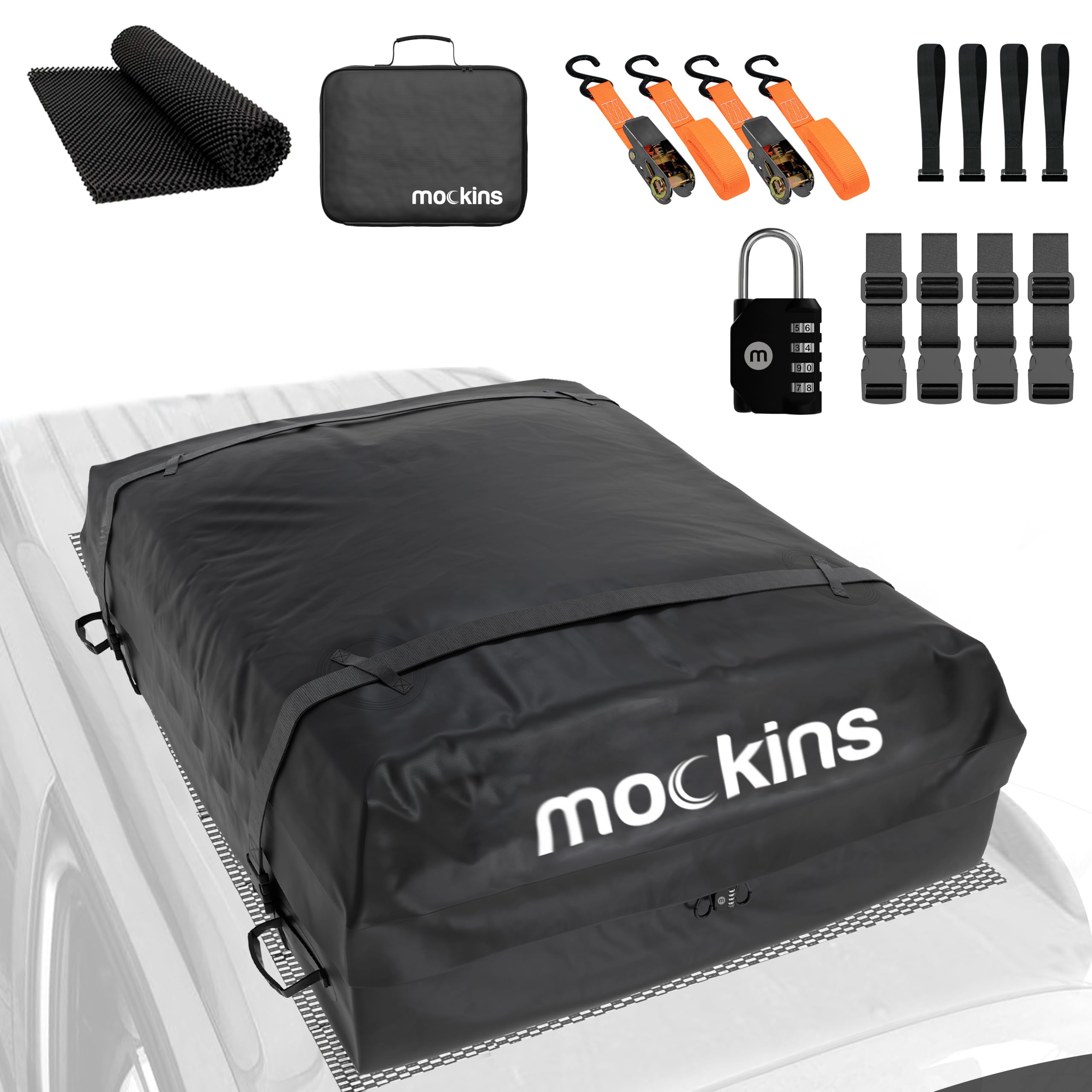 Mockins 16 Cu.Ft. Heavy Duty Car Roof Bag 45''X34''X18'' | Works With Or Without Roof Rack | Great For Road Trip Vacations, Camp