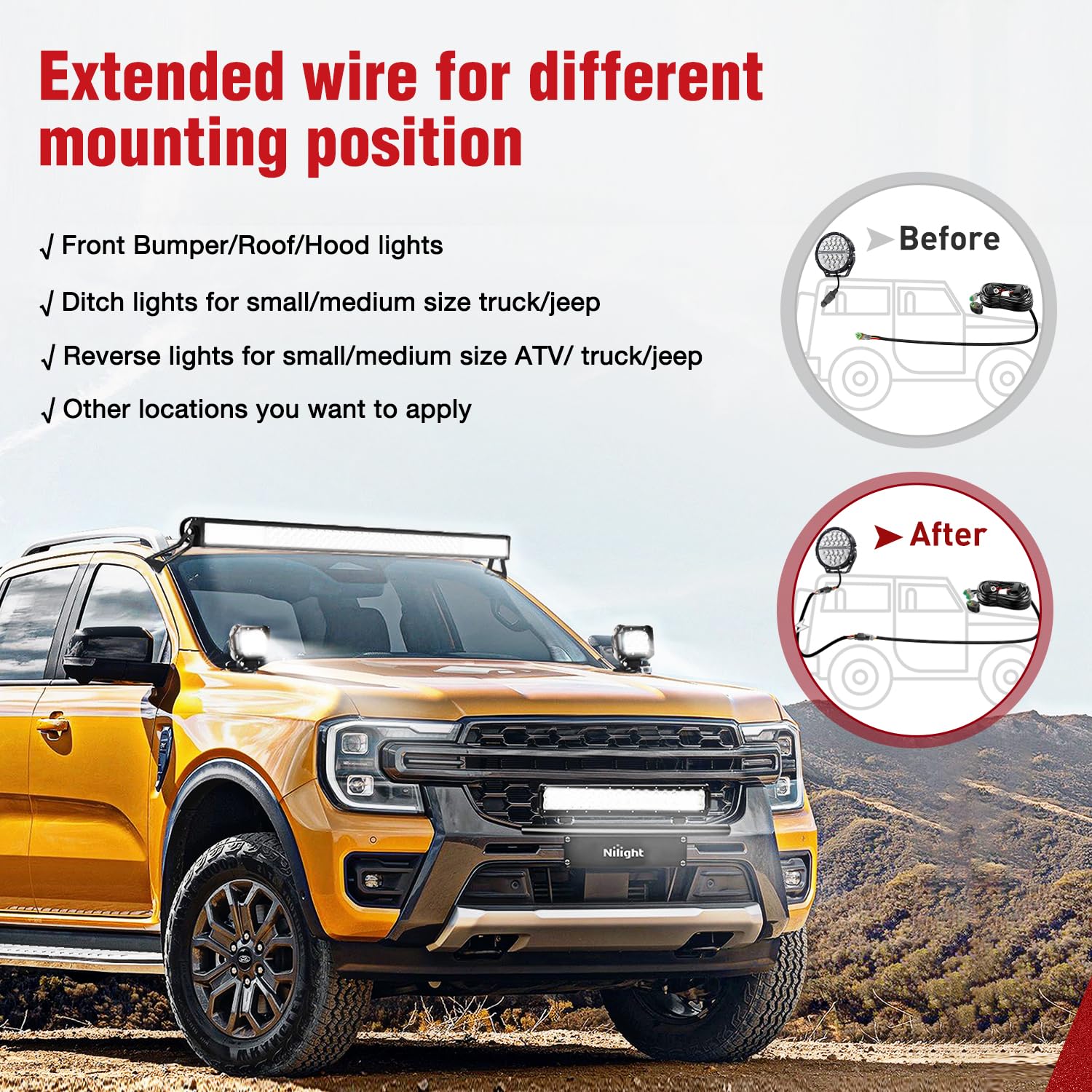 Nilight 2Pcs 16 Awg 10 Feet 3 Pin Dt Connector Wiring Harness Extension Kit Plug And Play For Dual Light Mode Off Road Led Pod L