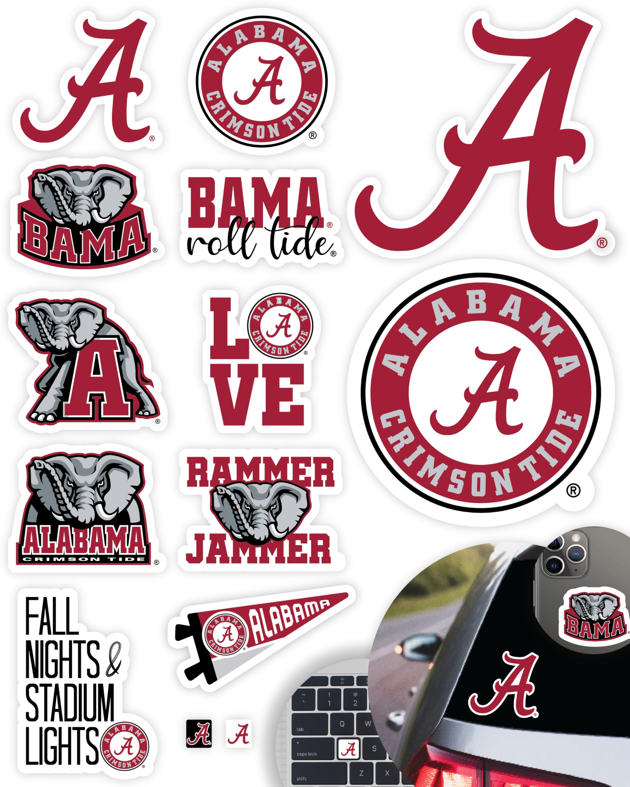 Alabama Crimson Tide Stickers And Decals (14 Pieces) Large, Medium And Small Size Sticker Bundle For Car Window Water Bottle Pho