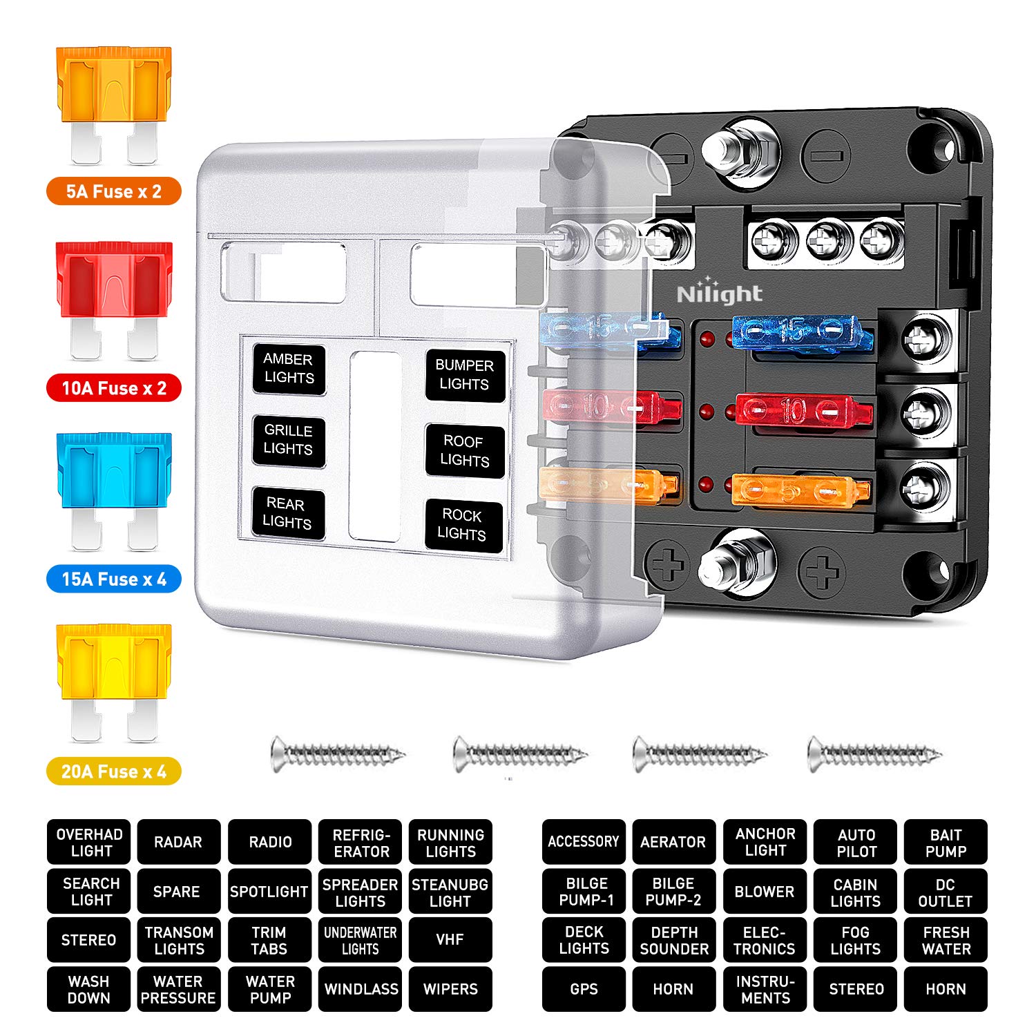 Nilight - 50055F 6 Way Blade Screw Fuse Block 6 Circuits With Negative Bus Fuse Box Holder With Led Indicator Ato/Atc Fuse Panel