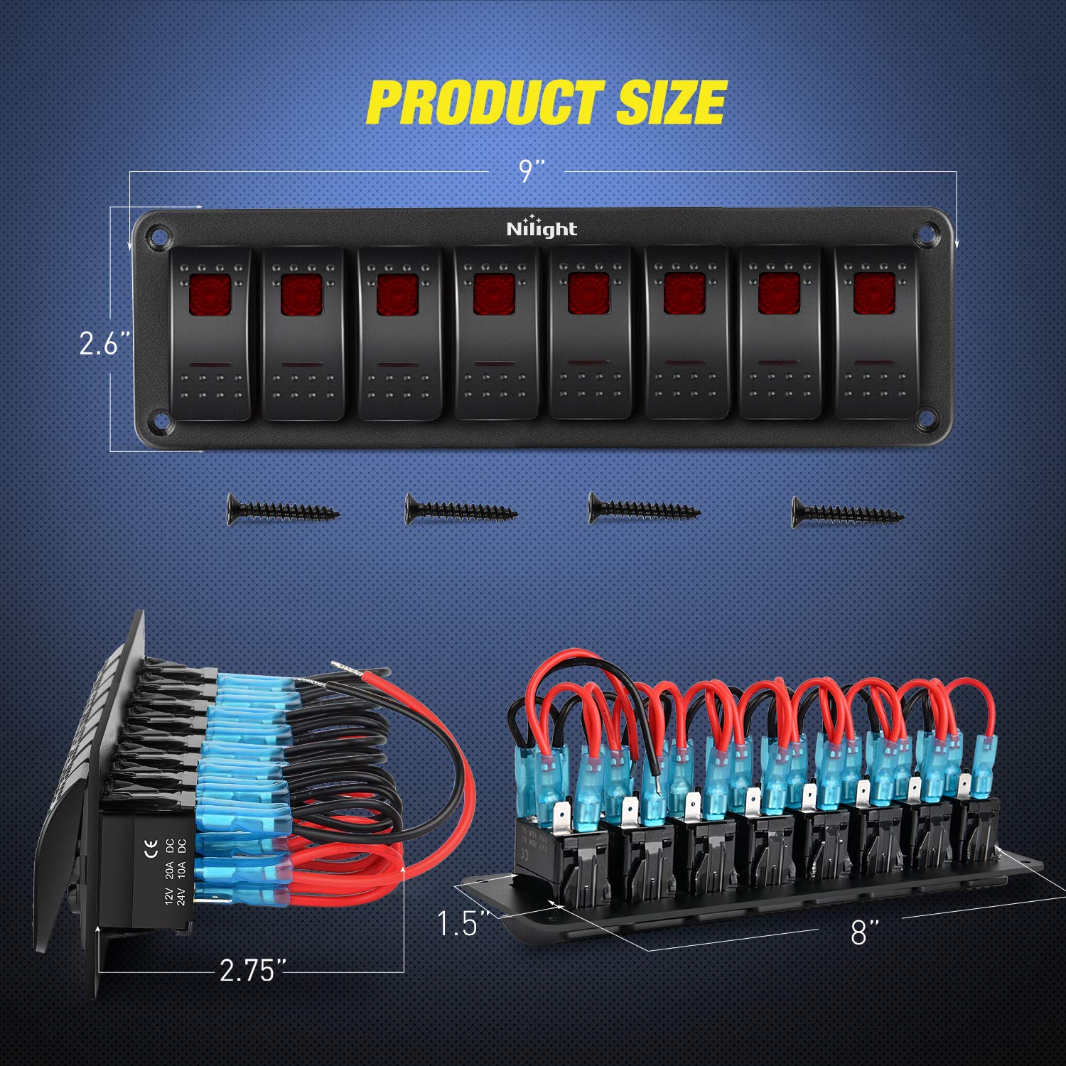Nilight 8 Gang Rocker Switch Panel 5Pin On Off Toggle Switch Aluminum Holder 12V 24V Dash Pre-Wired Red Backlit Switches For Aut