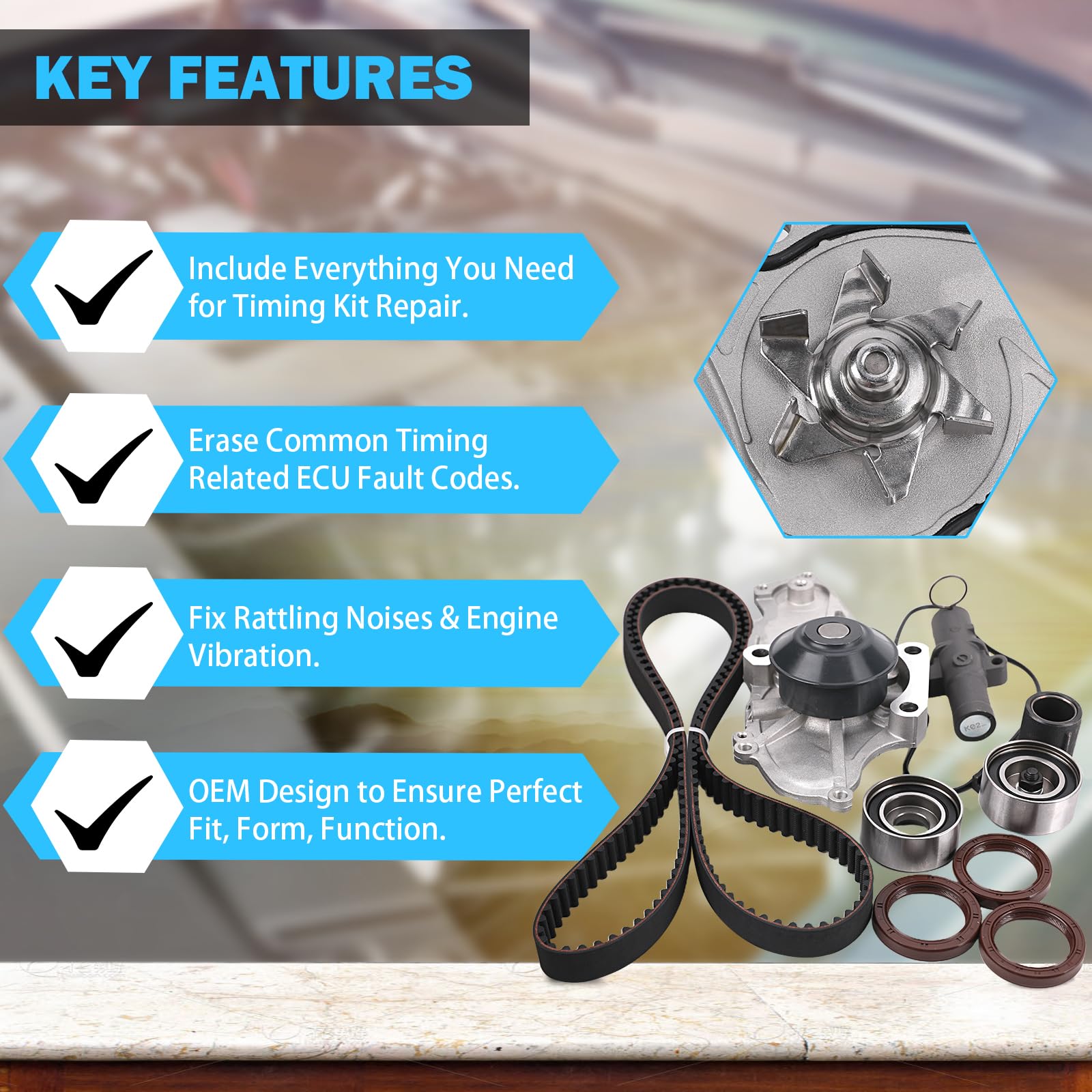 Timing Belt Kit with Water Pump for 3.0L 3.5L 3.7L 2003-2017 Honda Accord, Pilot, Odyssey, Ridgeline, Acura MDX, RDX, RL TL, TSX