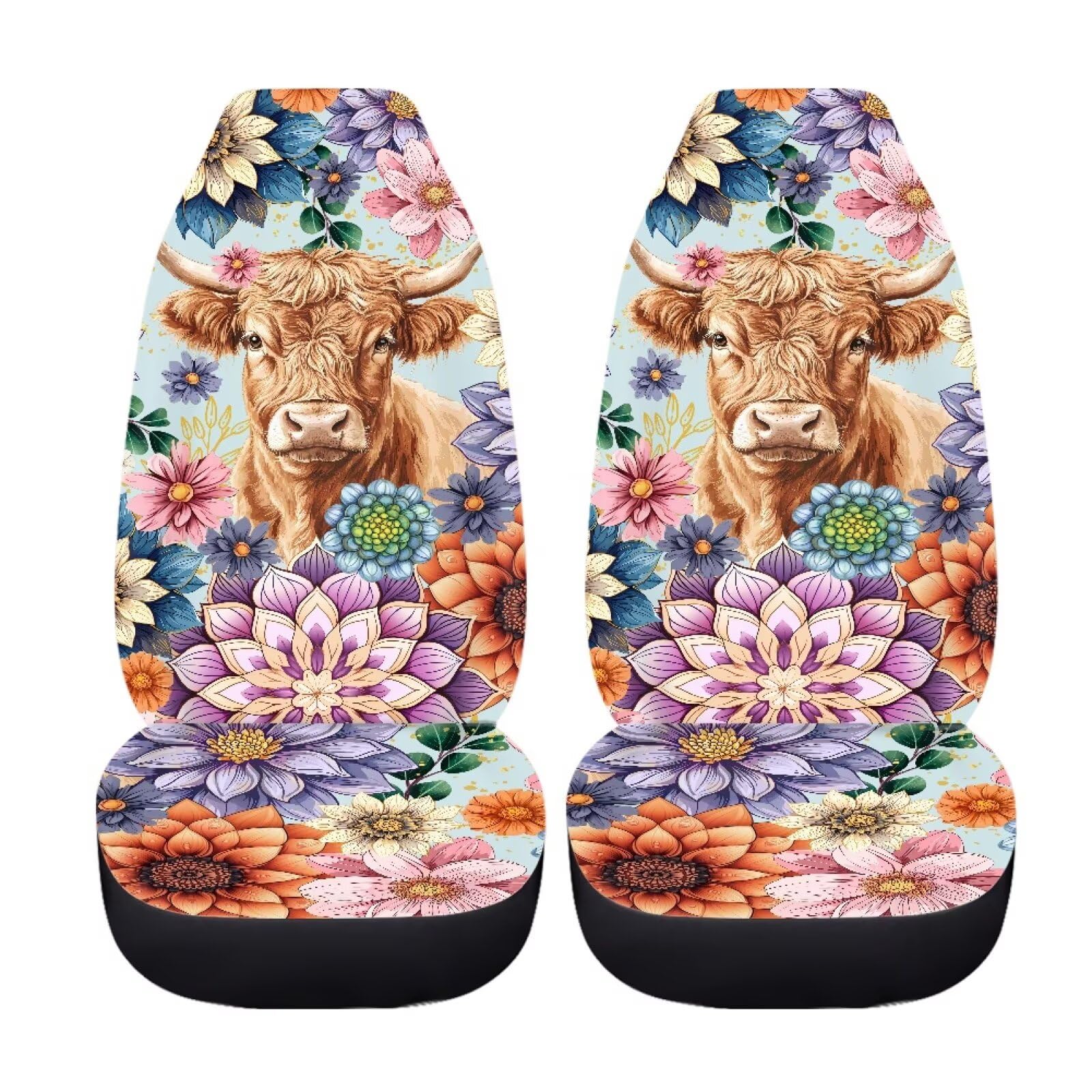 TOADDMOS Anti-Slip Car Seat Cover Front Seats Only,Boho Mandala Highland Cow Comfort Automotive Car Interior Covers Vehicle Cush