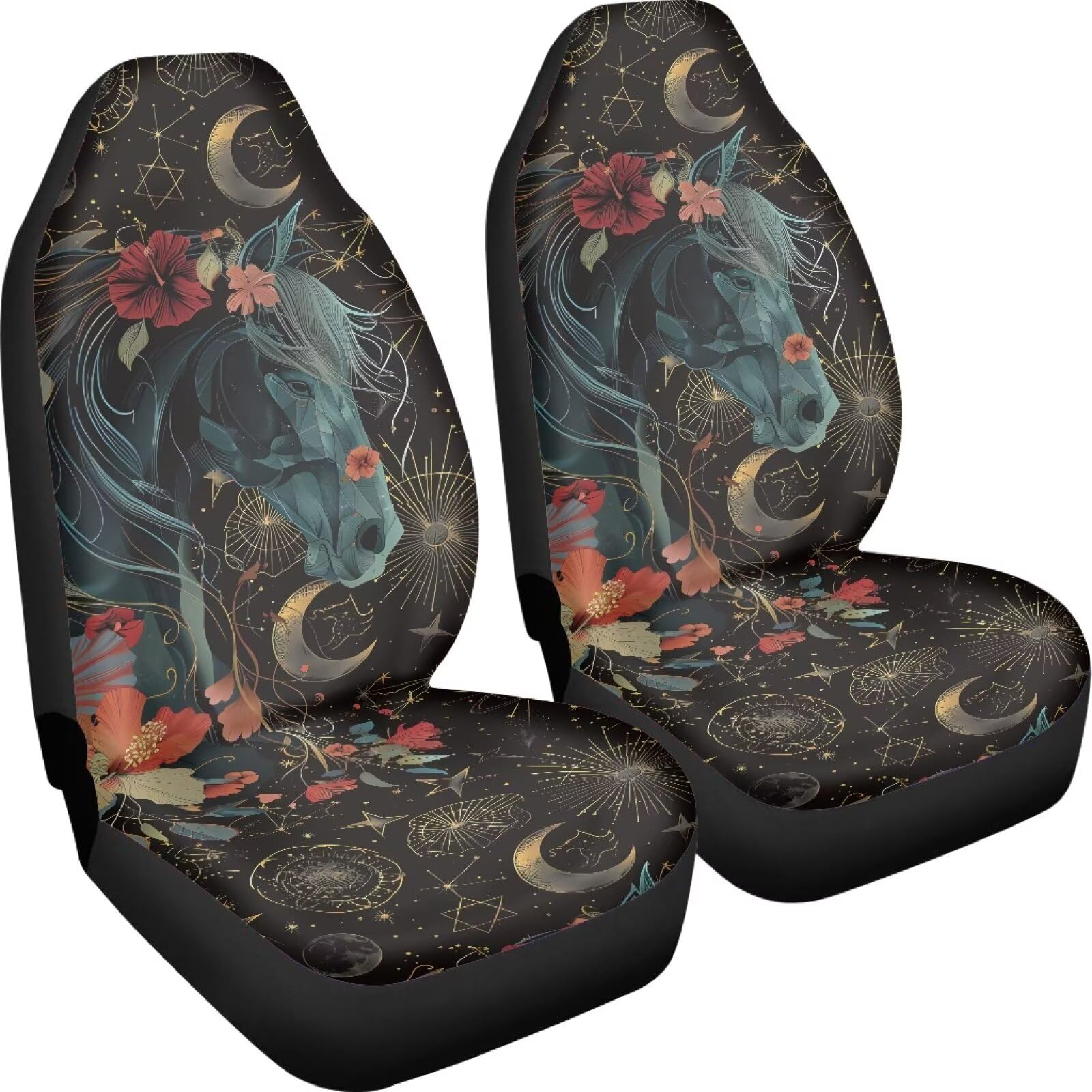 Talayituse Horse Hibiscus Print Car Front Seat Cover, Moon Star Design 2 Pack Stretchy Car Seat Cover Soft Bucket Vehicle Seat P