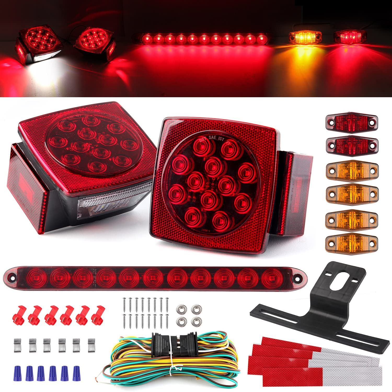 12V Trailer Led Light Kit, 2x Square Led Stop Turn Tail Brake License Plate Running Lights w/ 25ft Wiring Harness/6x Mini Marker