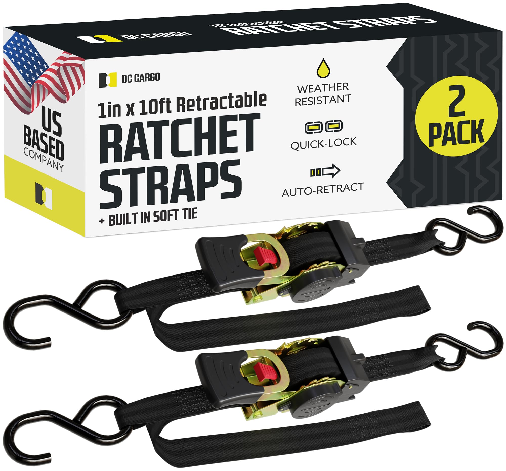 DC Cargo Mall Retractable Ratchet Strap, 2 Pack (1inchx10feet w Soft tie)-Heavy Duty Tie Down Auto Retractable Ratchet Straps - 