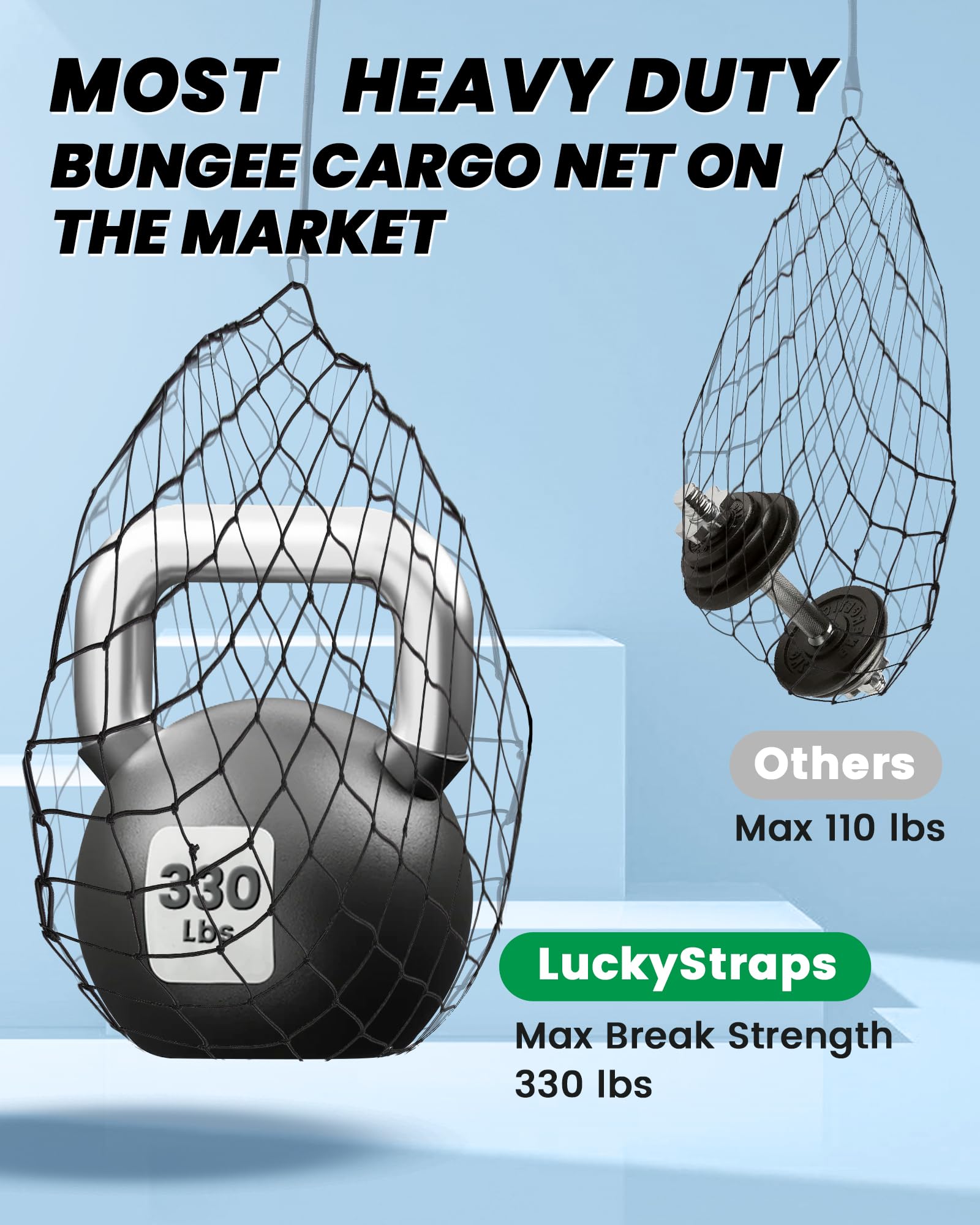 The First Flat Motorcycle Cargo Net, 15''x15'' Bungee Net with 2''x2'' Small Mesh and S Metal Hooks, Easy to Stretches to 32''x3