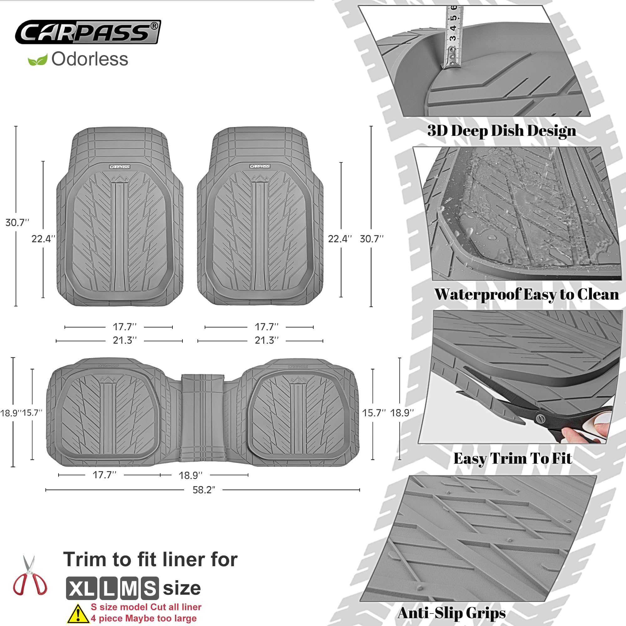 Car Pass Deep Dish Rubber Floor Mats For Cars Full Set,Heavy Duty Car Mats,Universal Waterproof Trim-To Fit Automotive Floor Mat