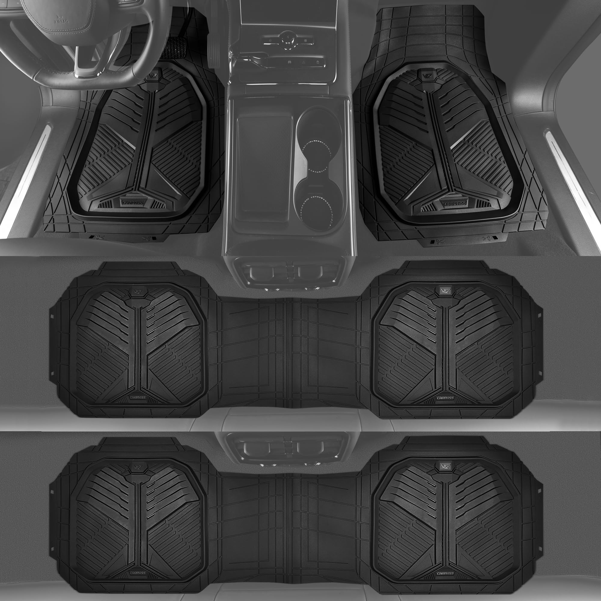 Car Pass Heavy Duty Rubber Car Mats, Deep-Dish All Weather 3 Row Car Floor Mats For 7 Seater 8 Seats 2Nd & 3Rd Row, Waterproof A