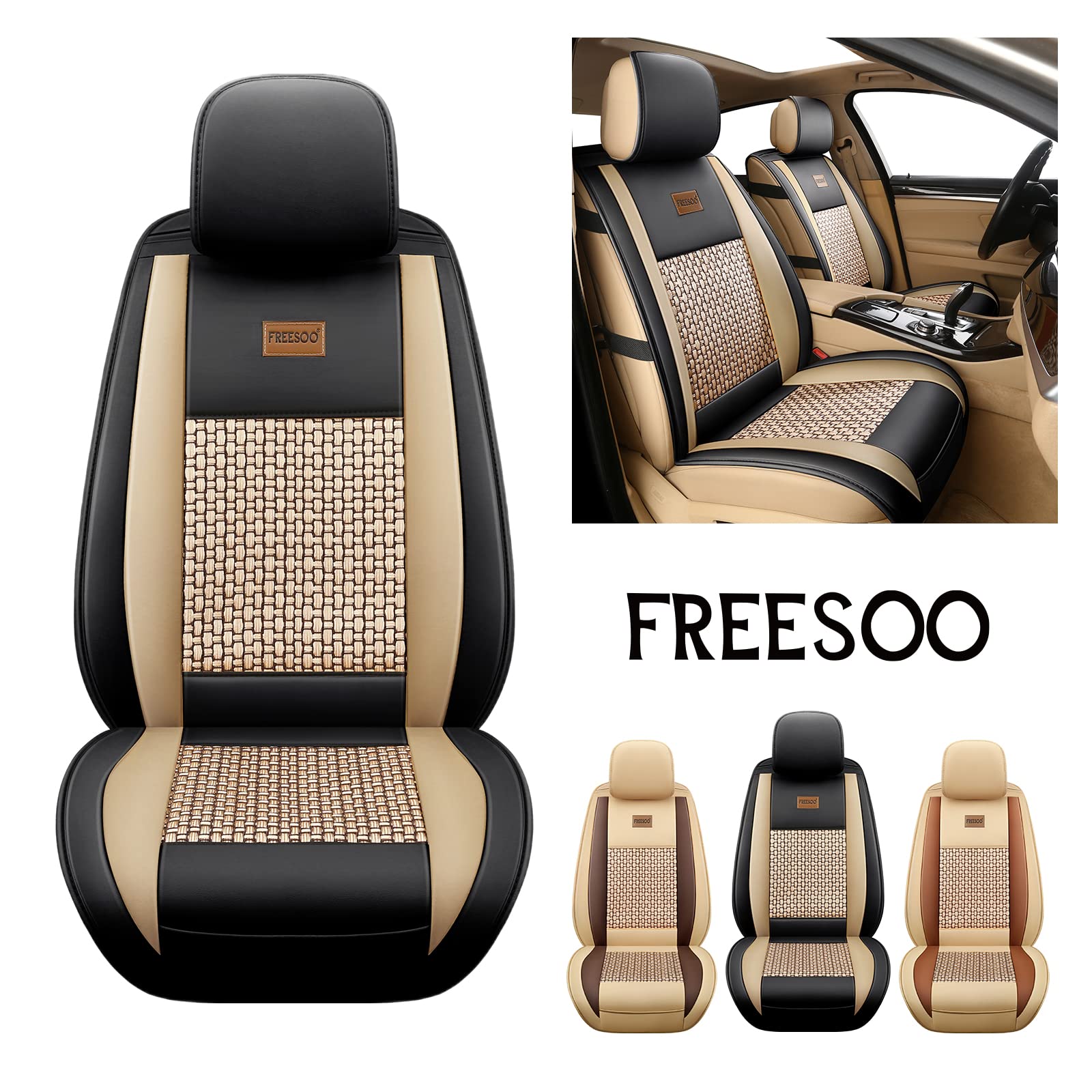 Freesoo Car Seat Cover Full Set, Leather Seat Covers Accessories Waterproof Cushion Universal Fit 5 Seats Sedan Suv Pick-Up Truc