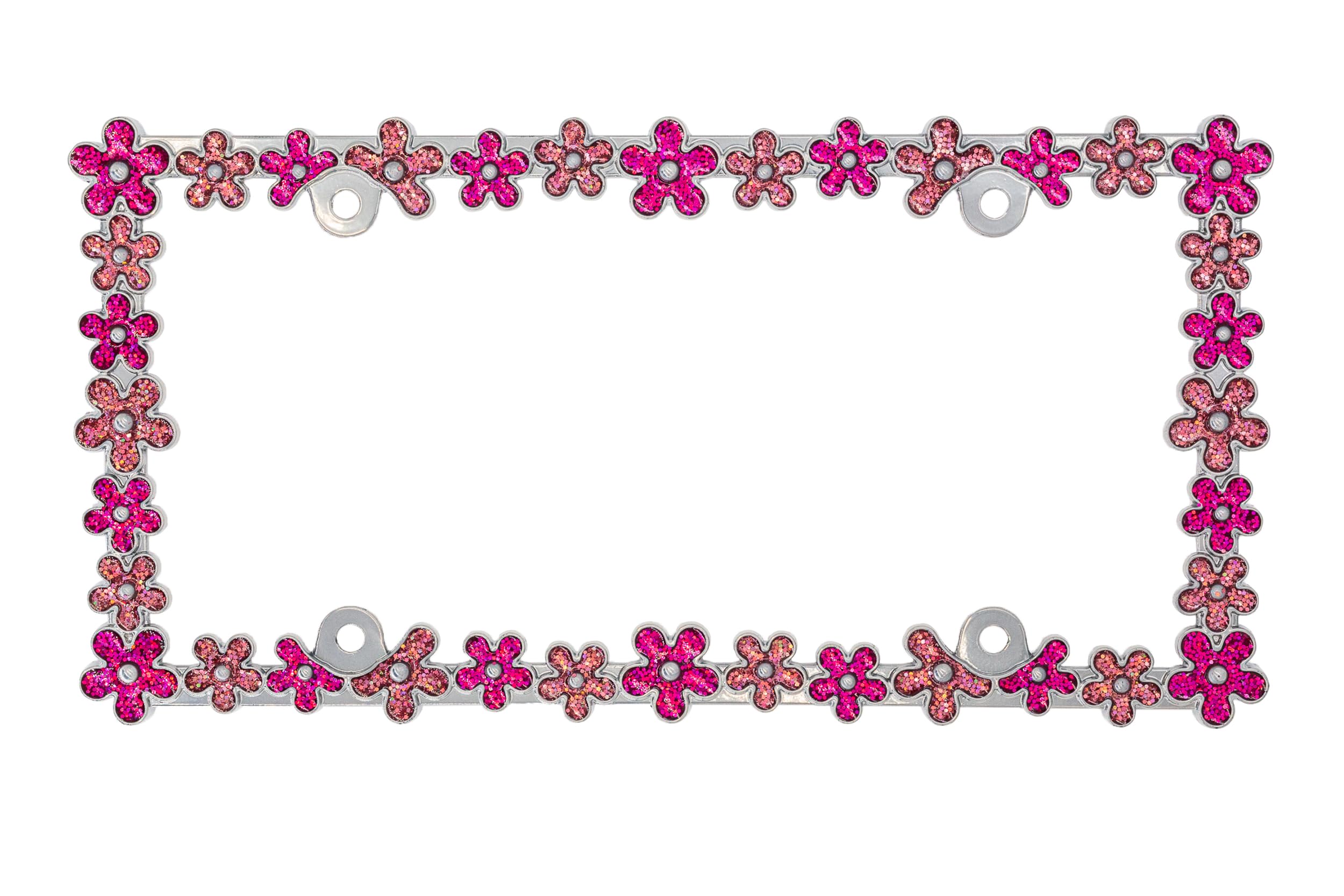Creathome 3D Shining Daisy Wrenth License Plate Frame From Pure Zinc Alloy Metal Perfect Plate Holder, Chrome With Pink Glitter