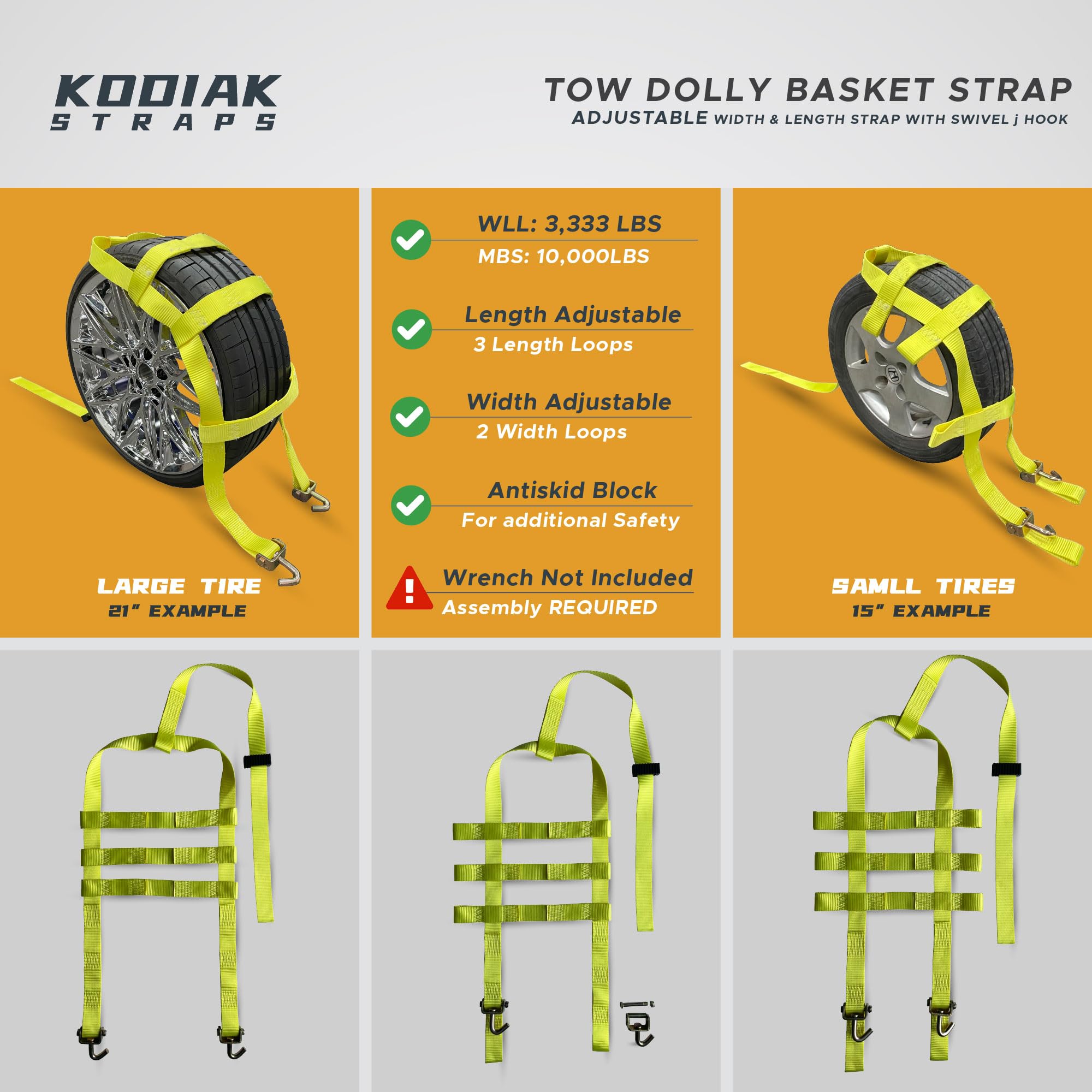 KODIAK STRAPS Adjustable Wheel Net Tow Basket Straps with Swivel J Hooks (2 Pack) - Universal for 14''-22'' Tires - Strap for Do