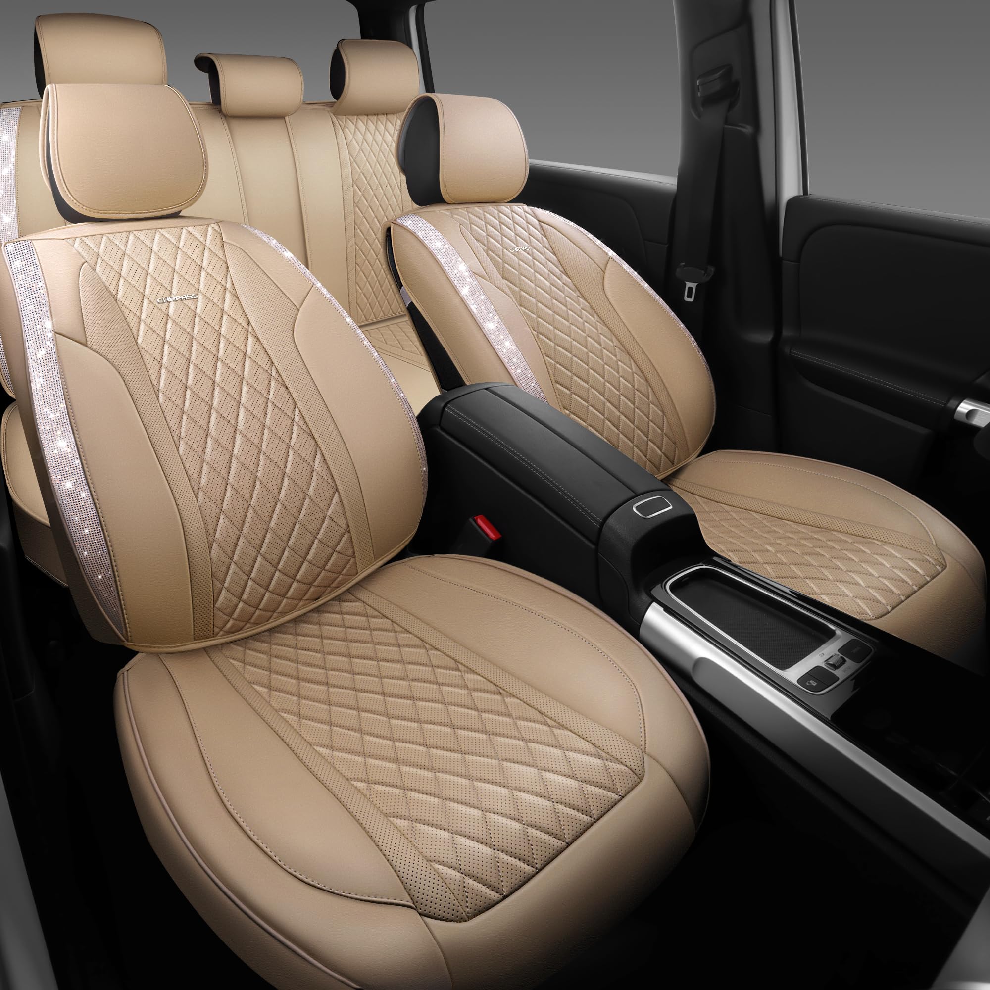 Car Pass Beige Leather Bling Car Seat Covers Full Set, Luxury Microfiber Nappa Pu Cushioned, Waterproof Anti-Slip Universal Fit