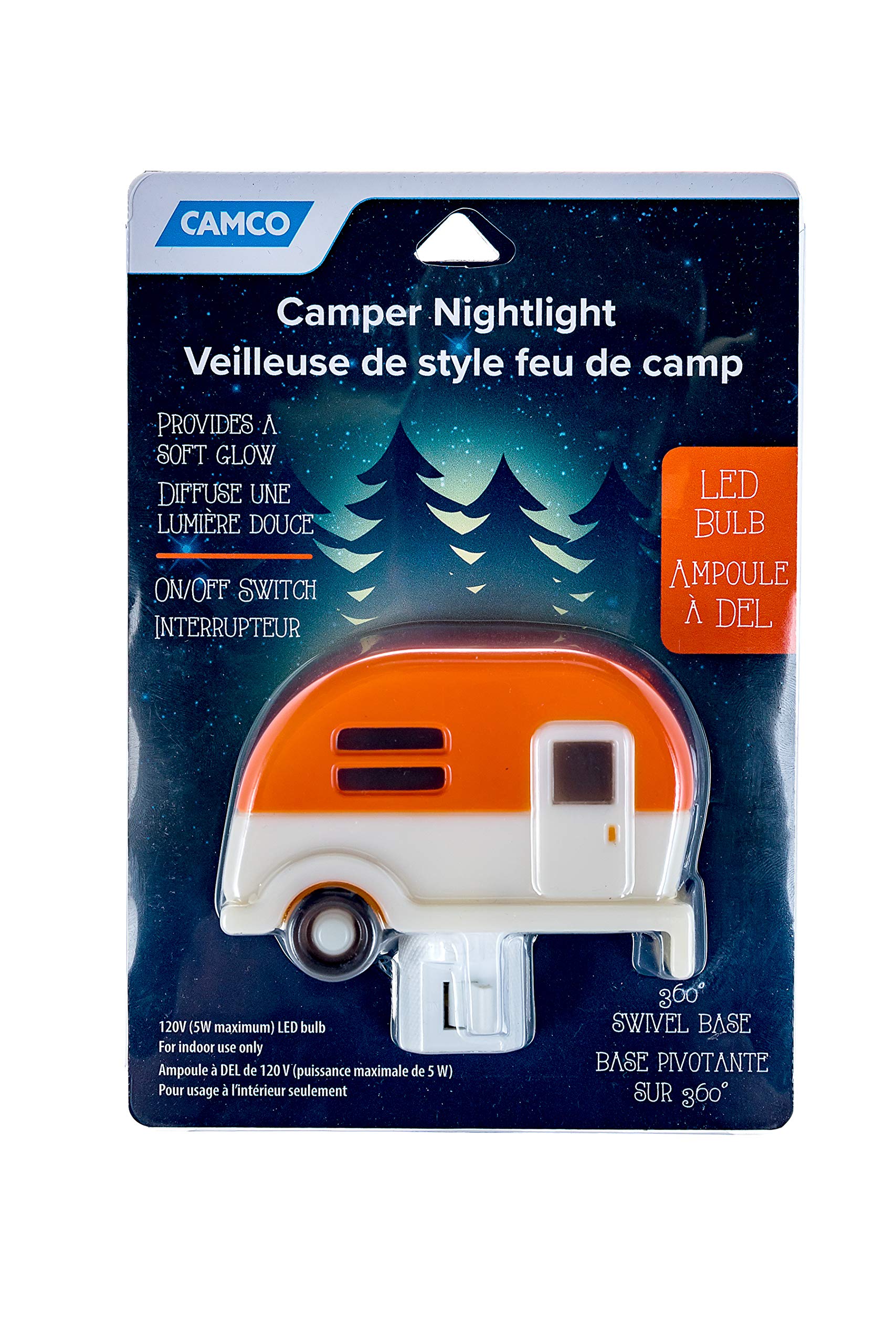 Camco Camper Nightlight | Features A 360-Degree Swivel Base | Includes (1) 120V Led Bulb | Orange Color (53102), One Size