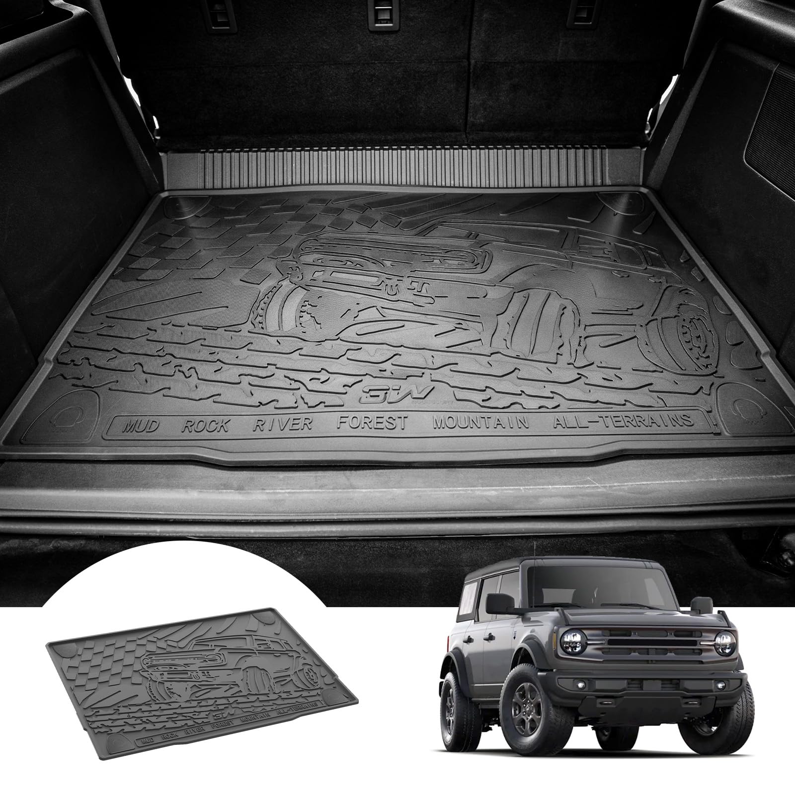 3W Cargo Liner Custom Fit For 2021-2025 Ford Bronco 4 Door, All Weather Tpe Heavy Duty Truck Car Mat Accessories Fit For Bronco