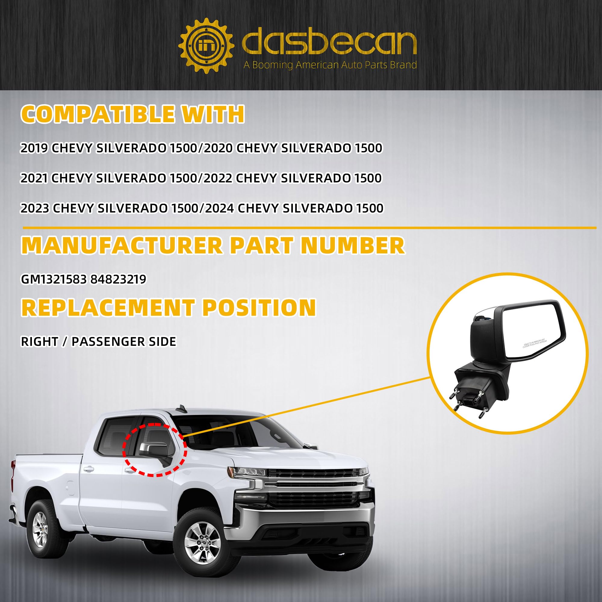 Dasbecan Passenger Side Mirror Compatible with 2019-2024 Chevy Silverado 1500 Right Mirror with Power Heated/Temp Sensor/Manual