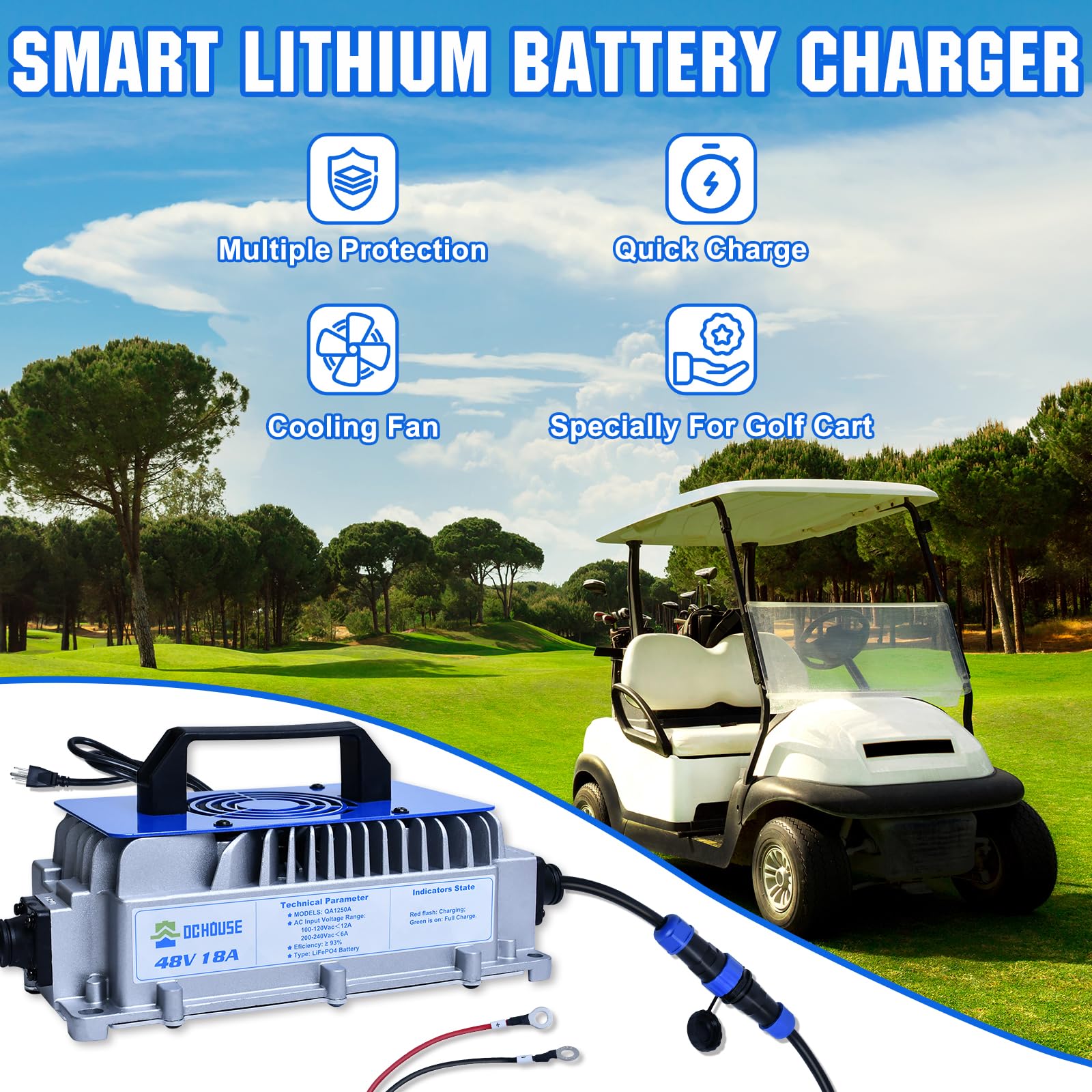 Dc House 48V 18A Lithium Battery Charger, 900W Fast Charger, Charging Efficiency = 93%, Ip65 Waterproof Anti-Fall With Cooling Fan, Suitable For 48V Golf Cart/Forklift/Ship Lithium Battery