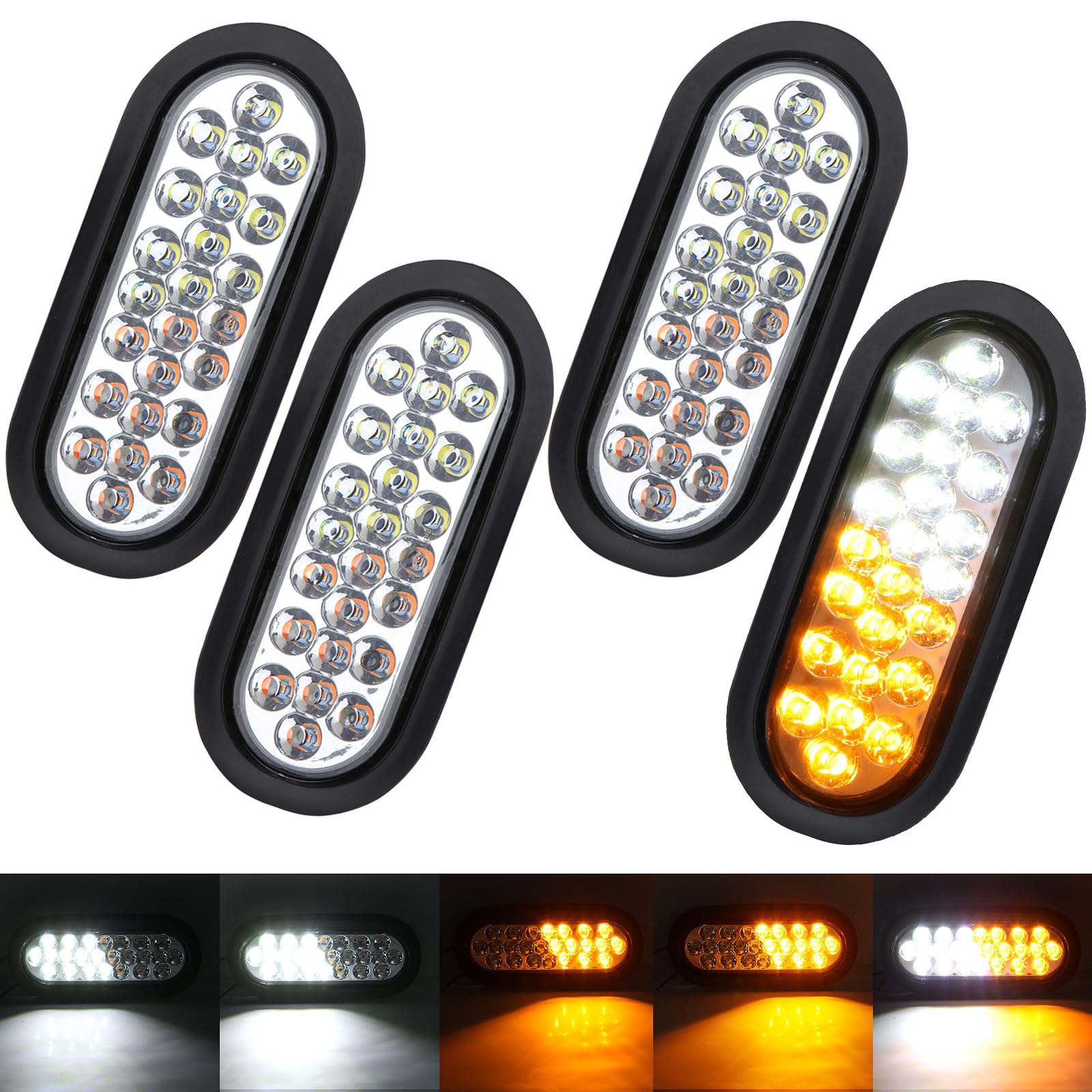4Pcs 6 Inch Oval LED Strobe Lights 24 LED Amber/White Recessed Mount w/Flash Patterns for Truck Towing Oval Led Trailer Turn Sig