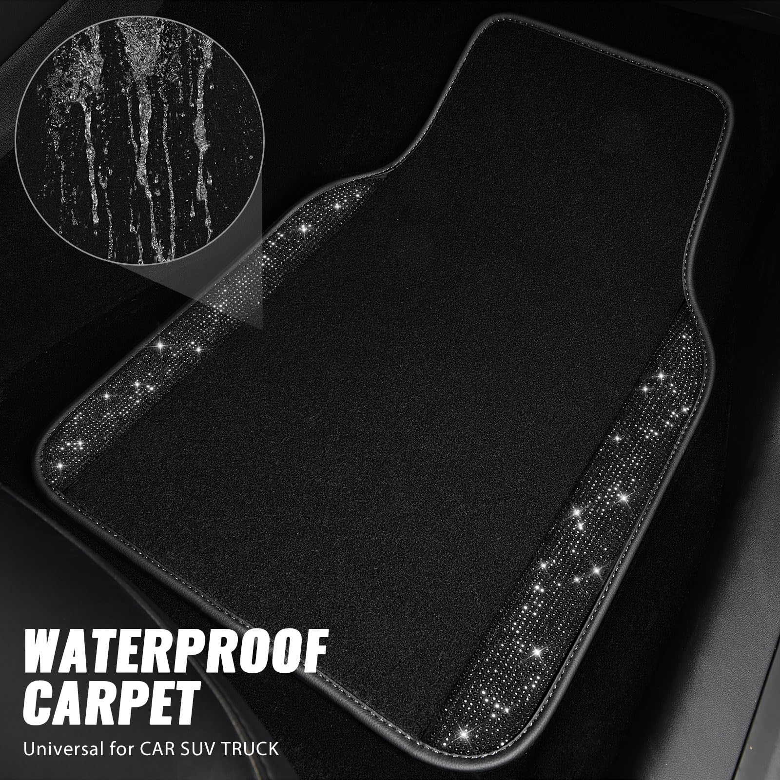 Car Pass Bling Rhinestones Diamond Universal Waterproof Car Floor Mat, Crystal Sparkling Shining Glitter Carpet With Anti-Slip Pvc Heel Pad For Suv,Sedan,Van,4Pcs Girl Women Men (Black)