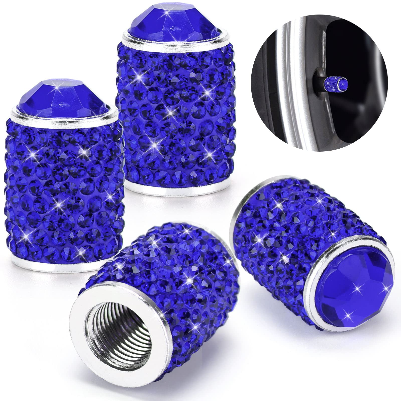 ToBeQueen Blue Bling Tire Calve Caps,4 Pack Handmade Crystal Rhinestone Royal Blue Stem Caps Universal Dustproof Bling Car Acces