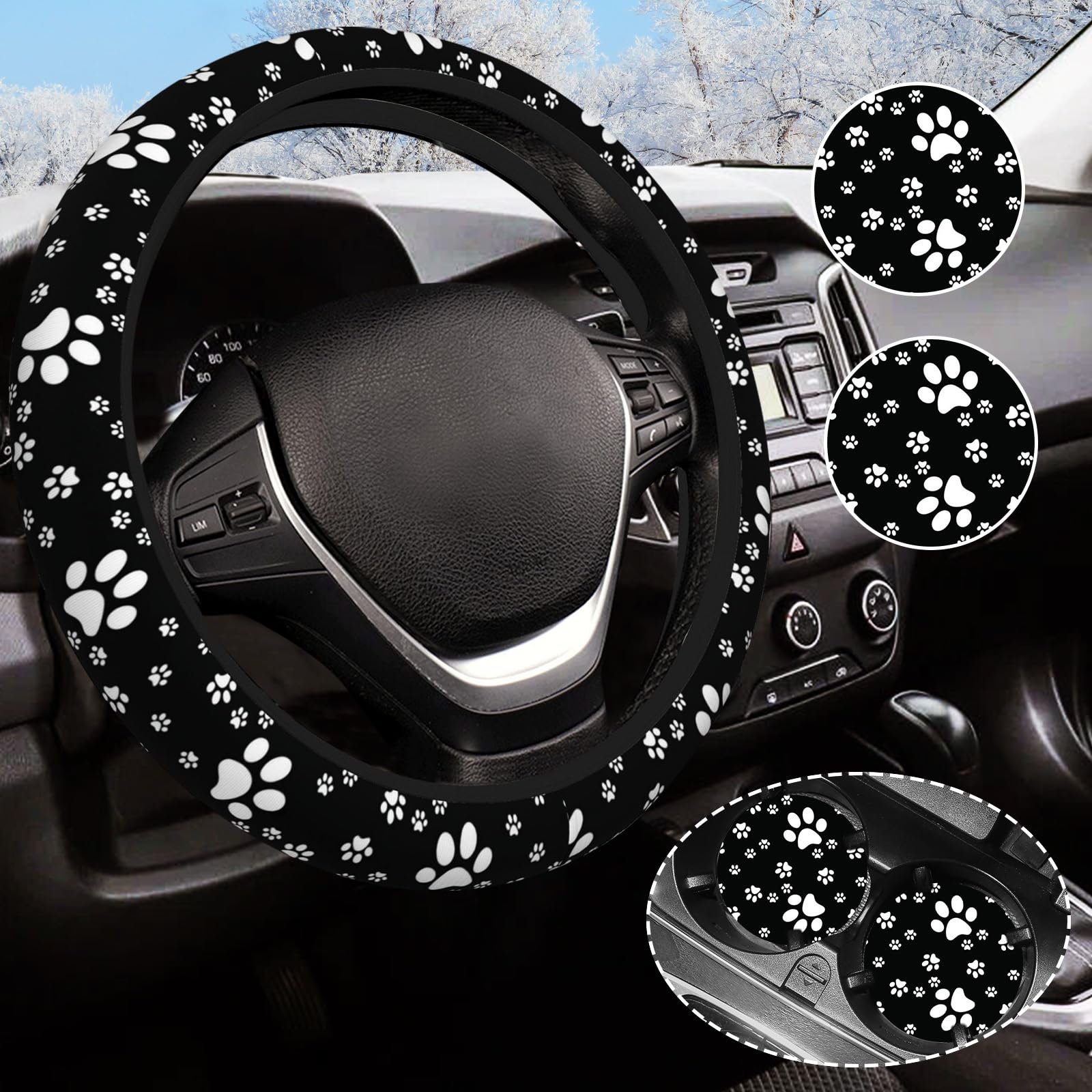 Paw Print Steering Wheel Cover for Women Men with 2 Pcs Car Coasters, Universal 14.5-15 Inch Cute Steering Wheel Covers Non-Slip