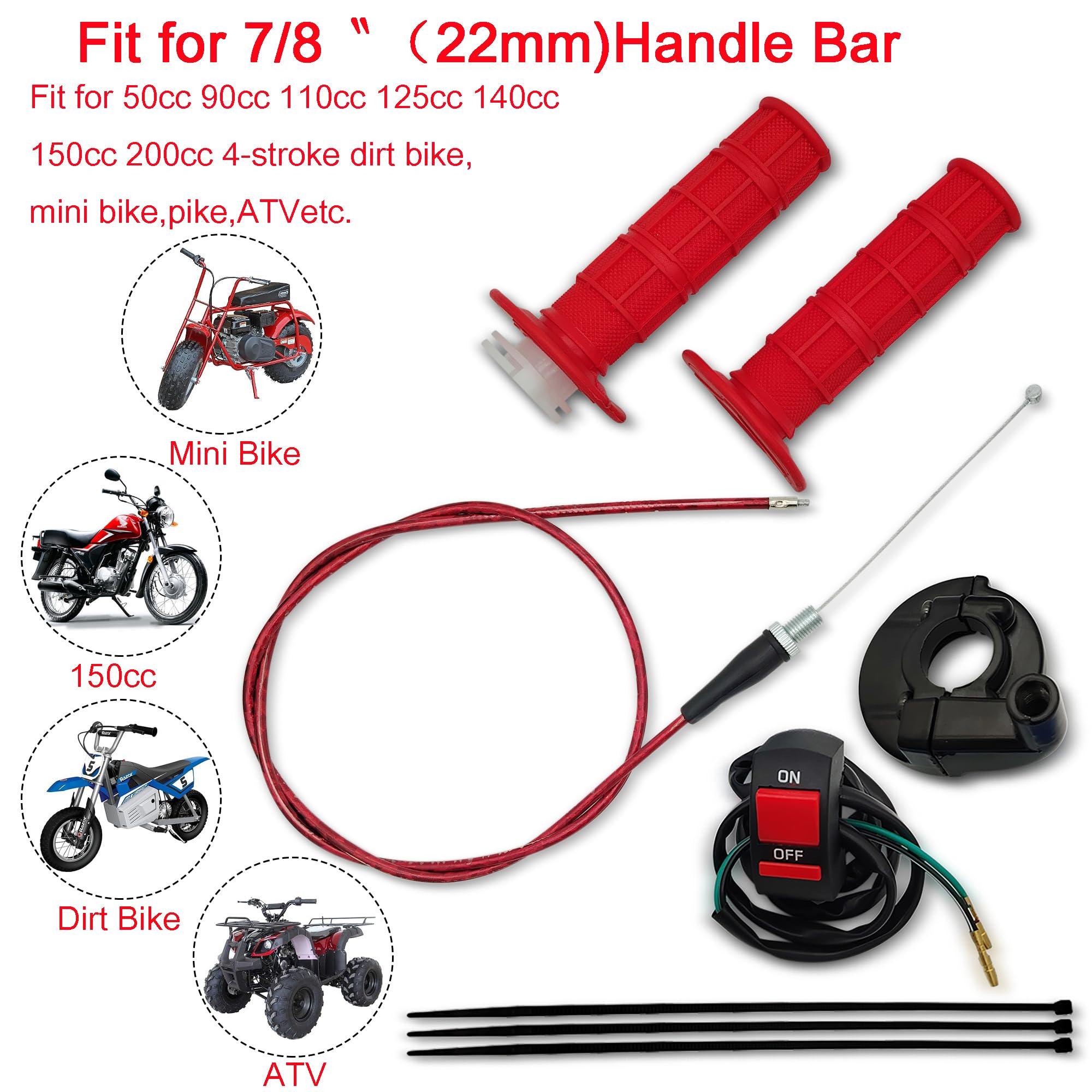 NZZLXKFJ 7/8 22mm Red Twist Throttle Accelerator Handle Grips & Cable Kit for 50cc-250cc Dirt & Mini Bikes