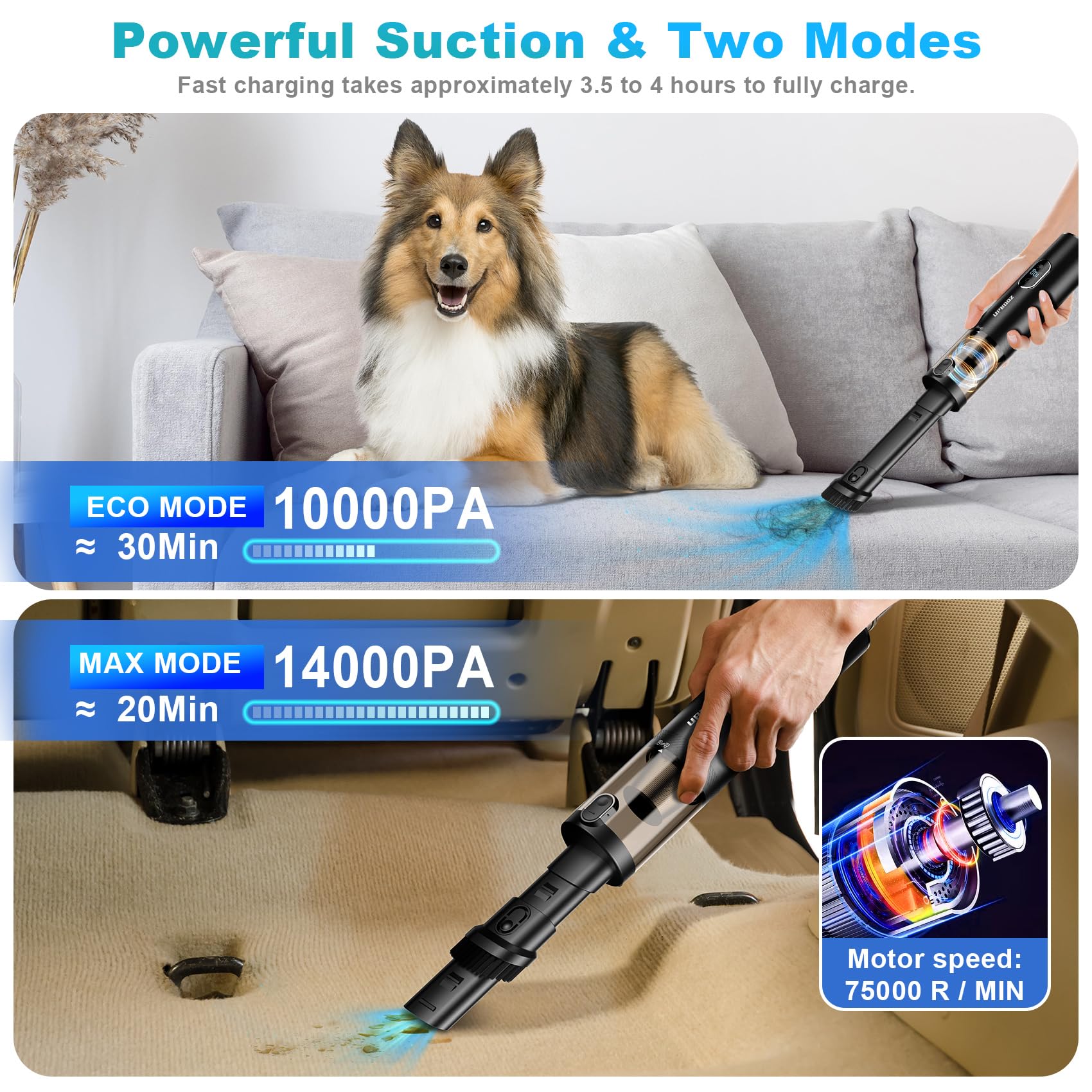 Handheld Vacuum Cordless, Upbooz Portable Car Vacuum, 14000Pa Powerful Suction Vacuum Cleaner With Led Light And Air Duster 2 In