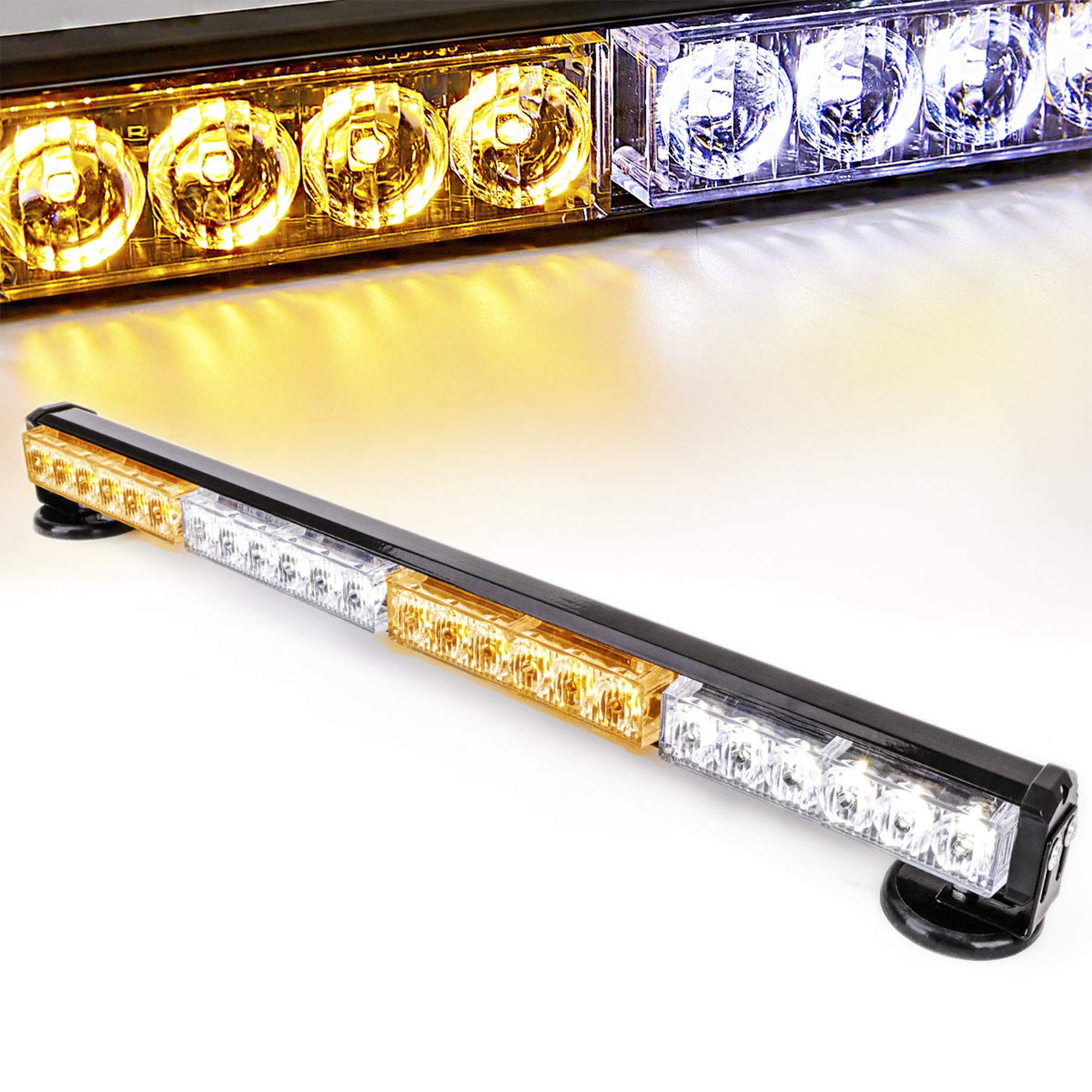 Le-Jx 24” Amber/White Wireless Traffic Advisor Emergency Lights Bar Battery Led Strobe Warning Light Roof Top Hazard Flash With Magnetic Base Mount And 12V Rechargeable Plug ( 24 Leds)