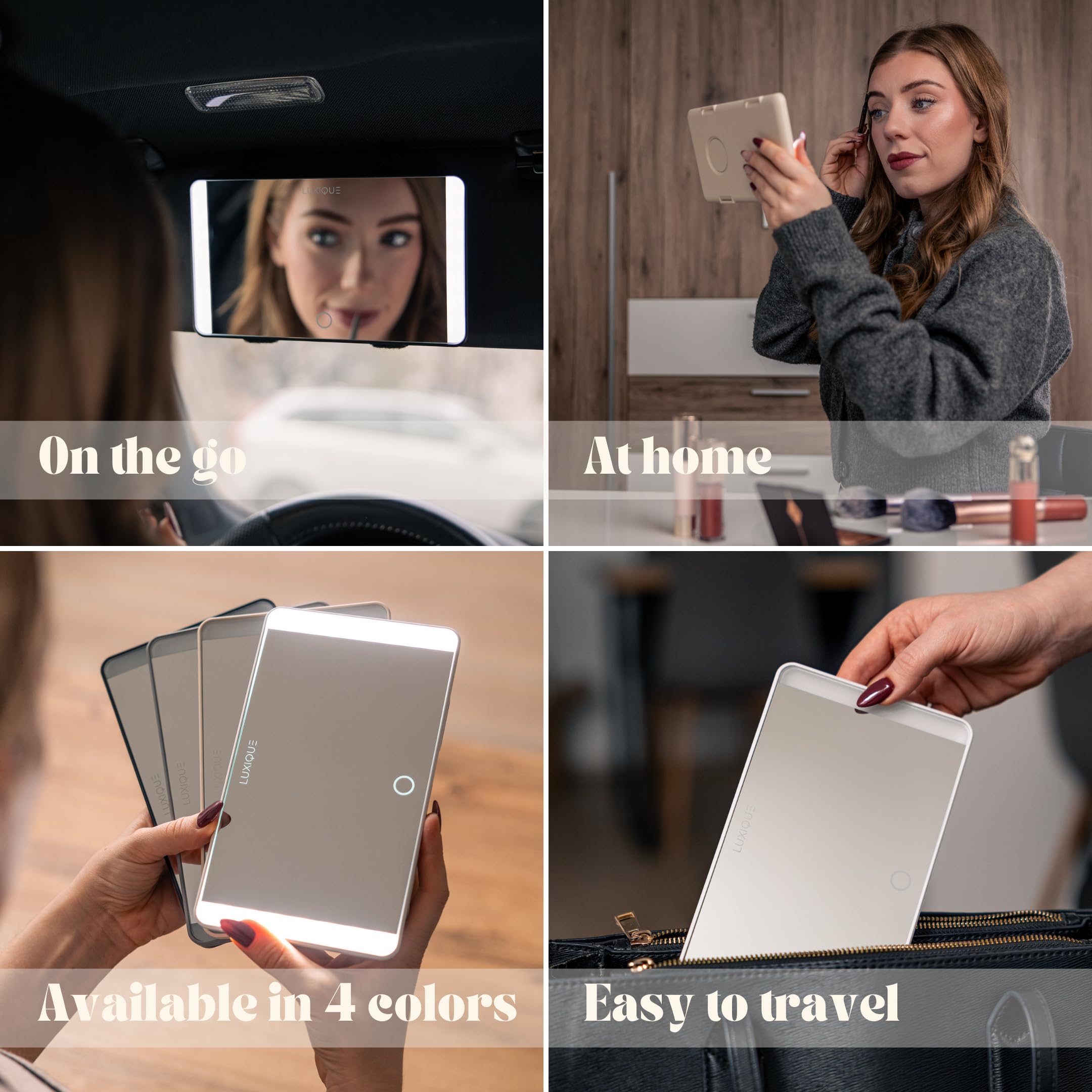 LUXIQUE Rechargeable LED Sun Visor Mirror - 3 Dimmable Light Modes, Portable Makeup and Vanity Mirror, Weather-Resistant, Detach