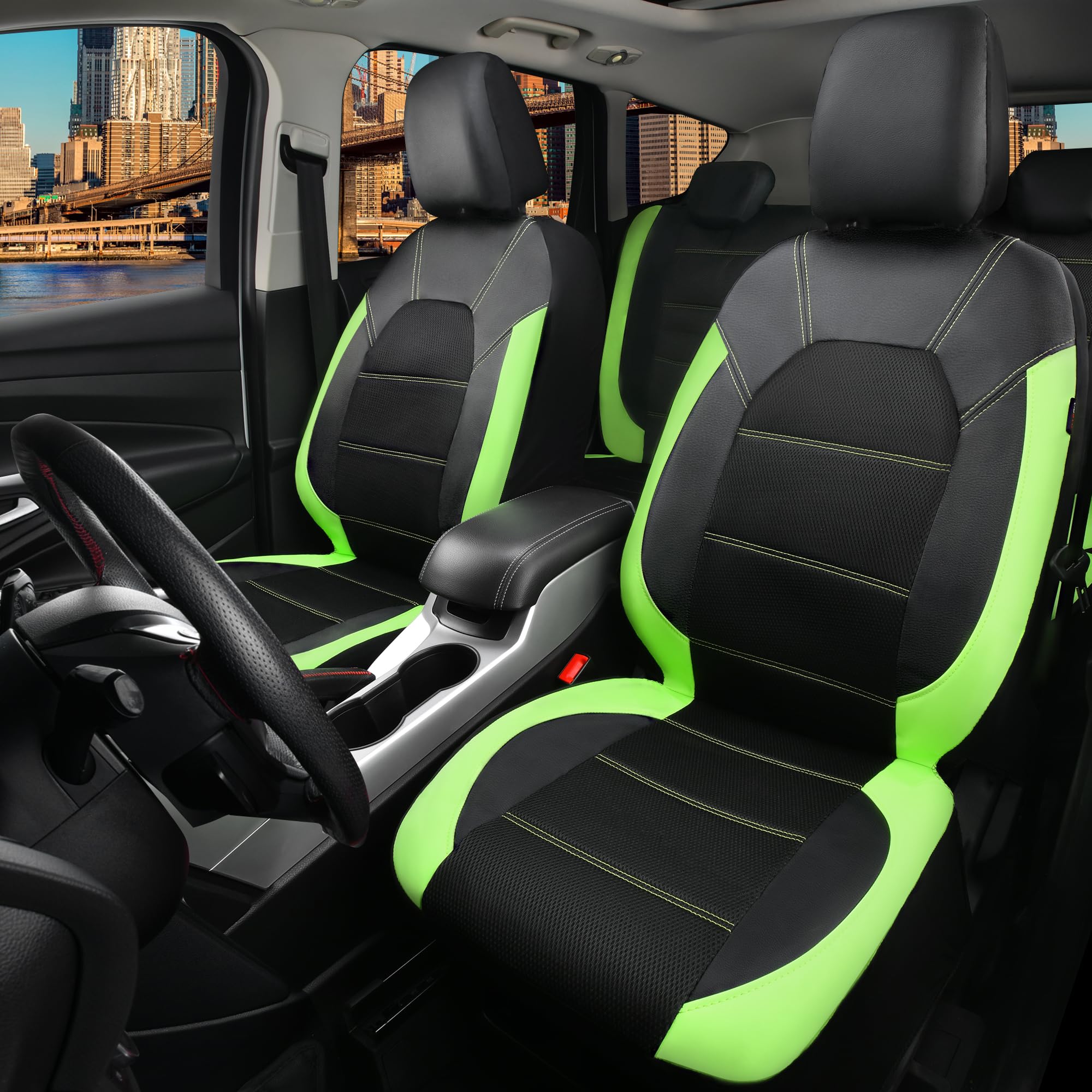 CAR PASS Luminous Green Leather seat Covers Universal Sport car seat Cover, 5mm Composite Sponge Inside, Airbag Compatible fits