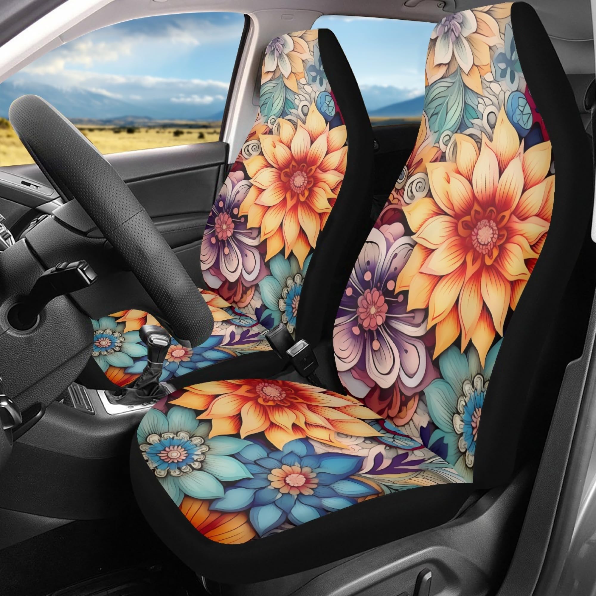 Bigcarjob Blossoms Flower Car Seat Covers For Womens,Full Set Of 2 Pcs Bohemian Floral Style Auto Front Seat Protector Durable S