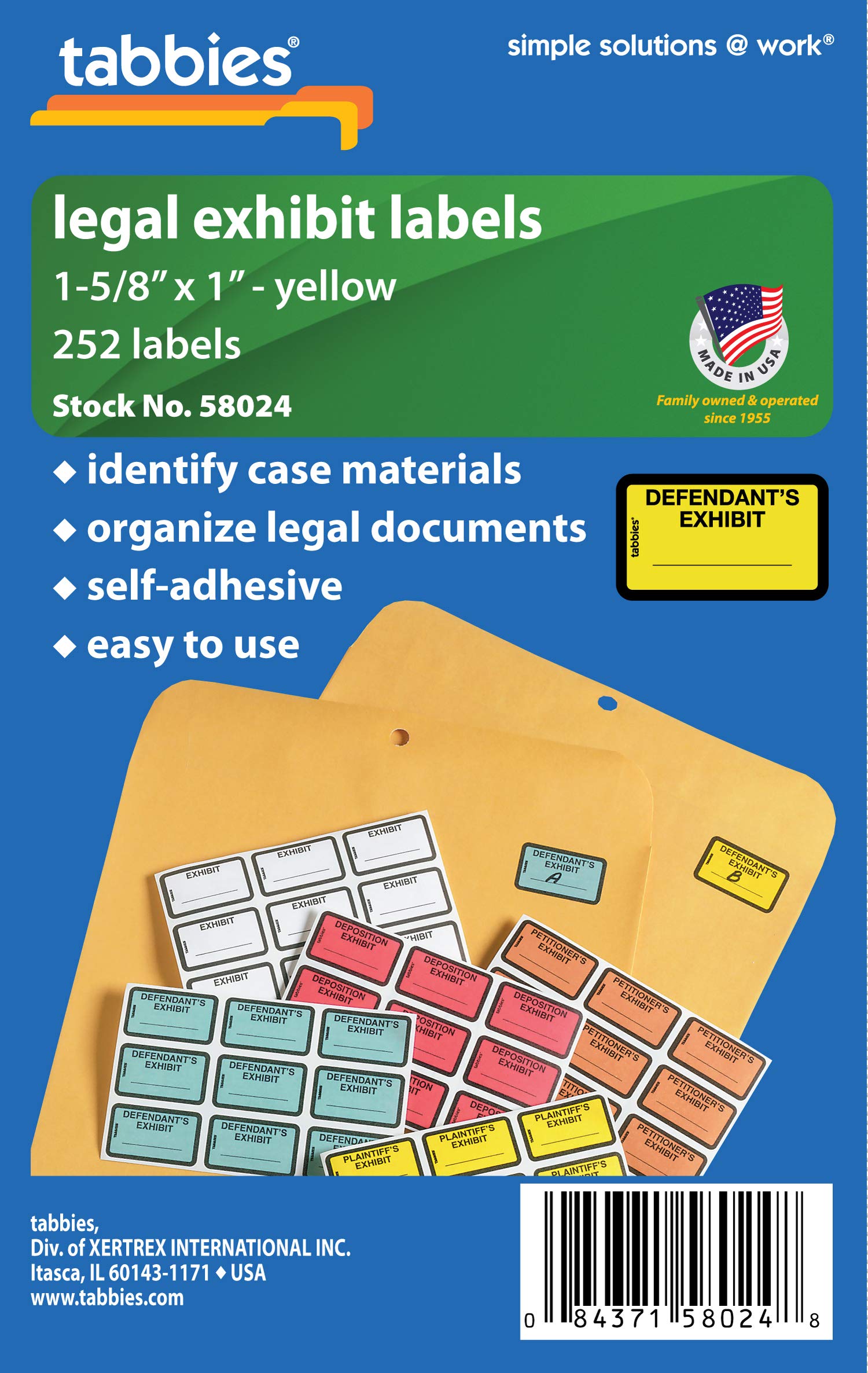 Tabbies Legal Exhibit Labels, Label: 1-5/8''W X 1''H, Sheet: 5-1/4''W X 3-1/4''H, Yellow, Defendant'S Exhibit'' 252 Labels/Pack