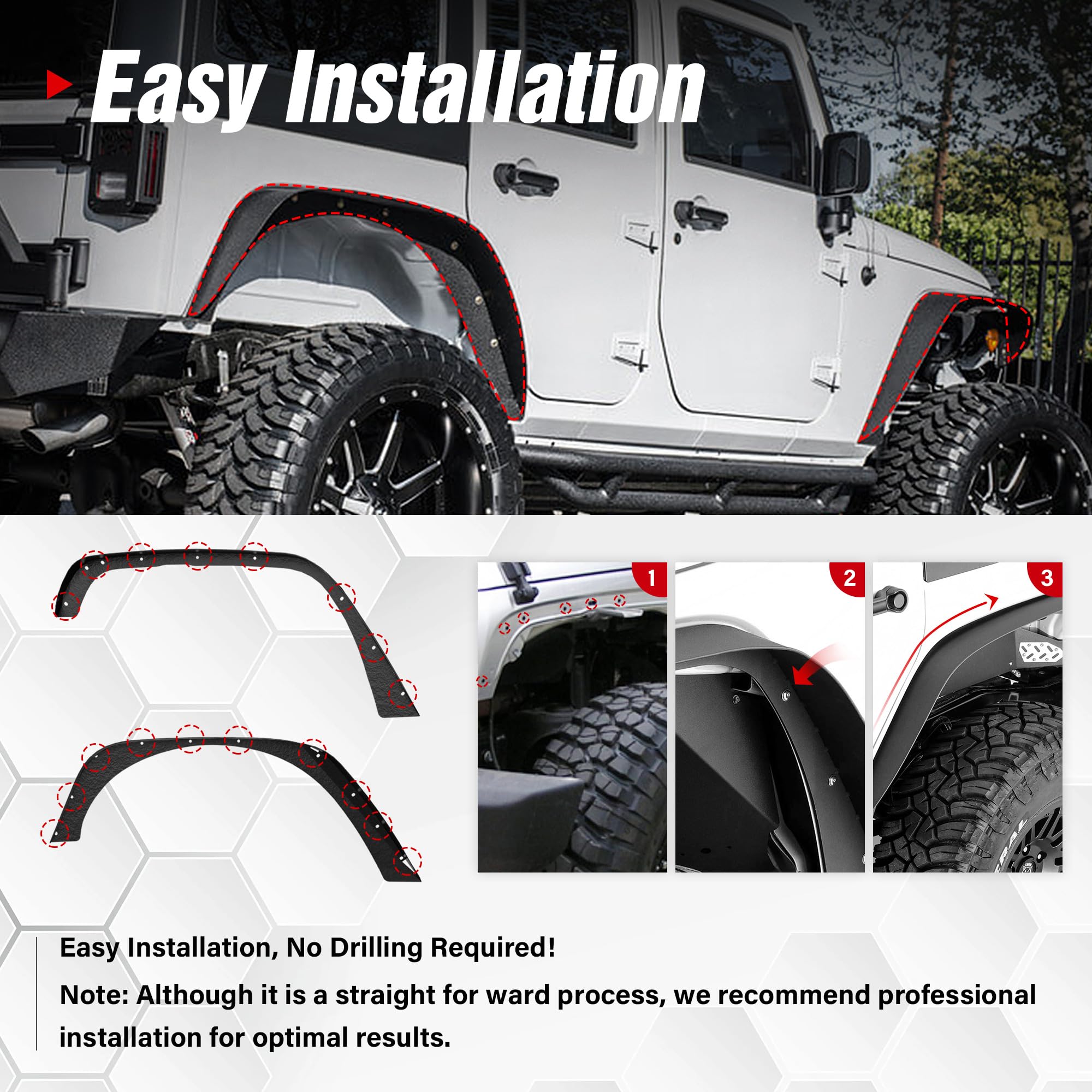 YZONA for JK 4-Piece Flat Style Front and Rear Fender Flares Kit Compatible with 2007-2018 Jeep Wrangler JK JKU Unlimited (2/4 D