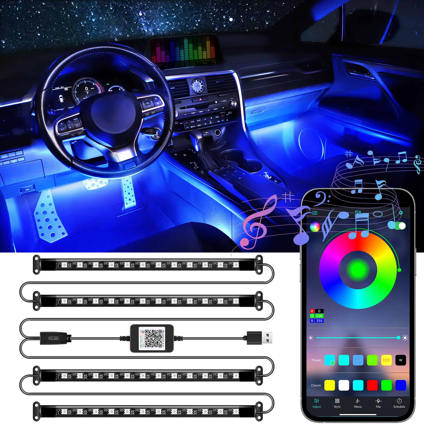 Livtee Accent Interior Car Lights, Smart Car Interior Lights With App Control, Rgb Led Lights With Music Mode And Diy Mode, 2 Li