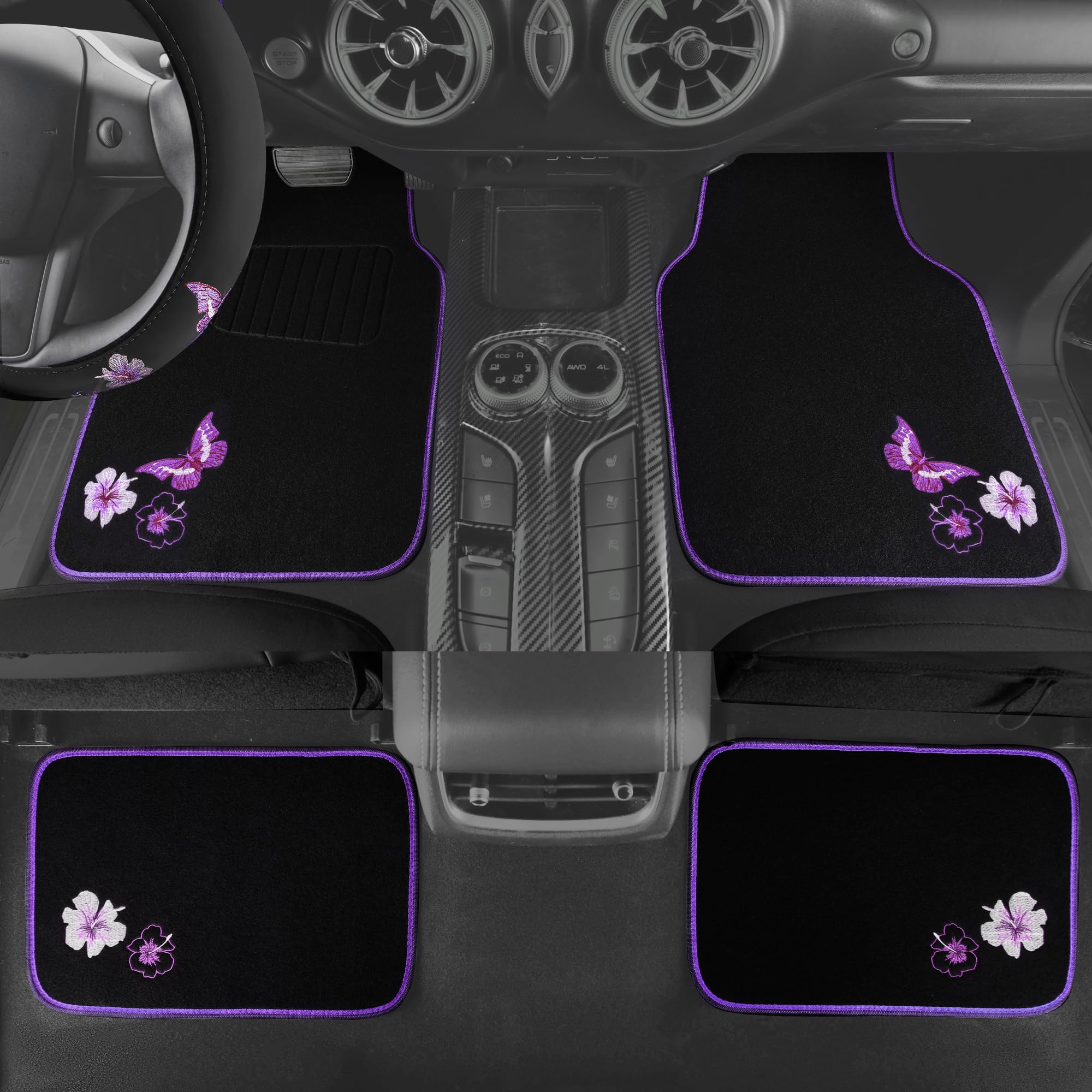 Car Pass Butterfly Steering Wheel Cover And Waterproof Car Floor Mats,Purple Car Mats 14.5-15Inch Steering Wheel Covers Universa