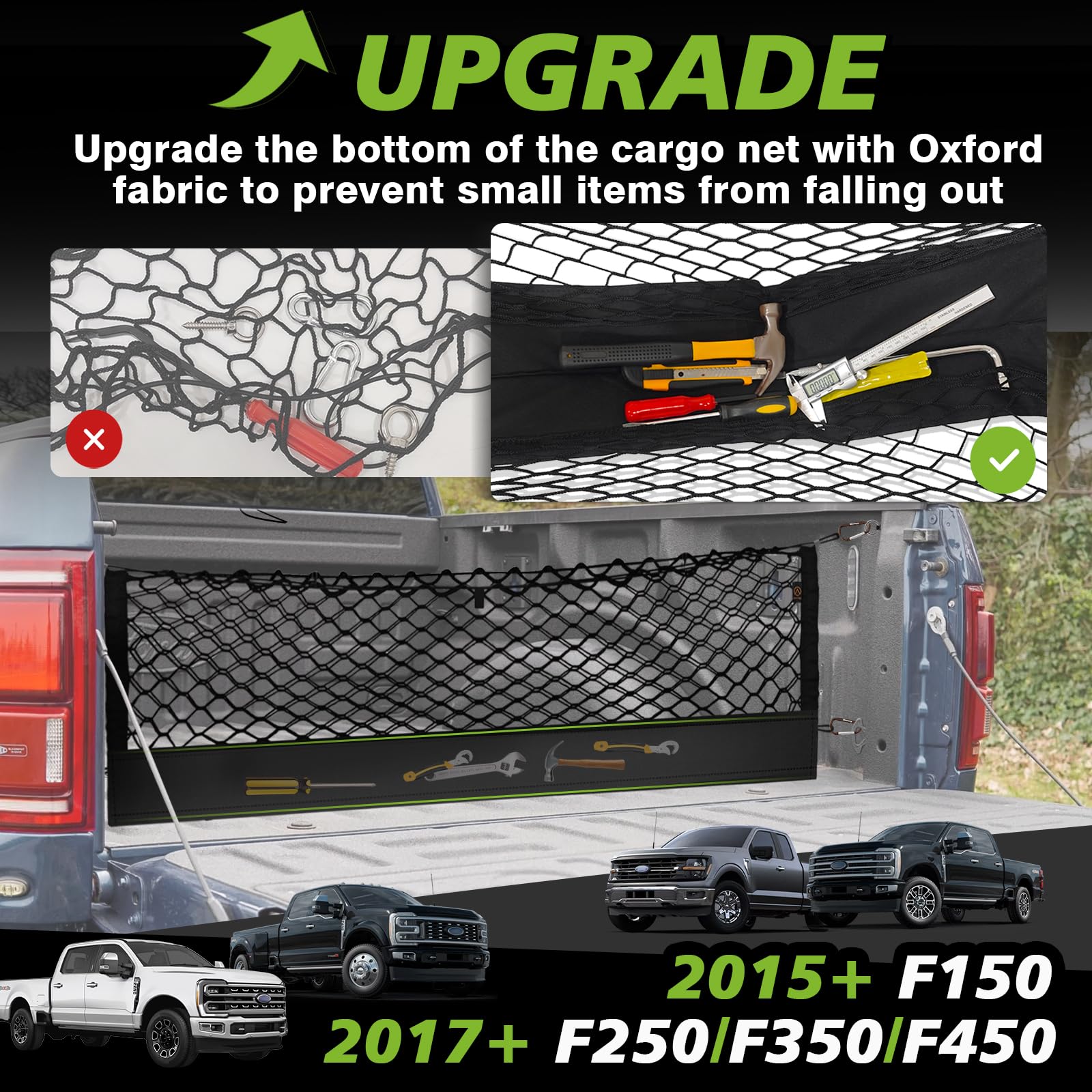 Muslogy Truck Bed Cargo Net Compatible with 2015+ Ford F150 & 2017+ F250/F350/F450 Accessories Storage Organizer Envelope Net wi