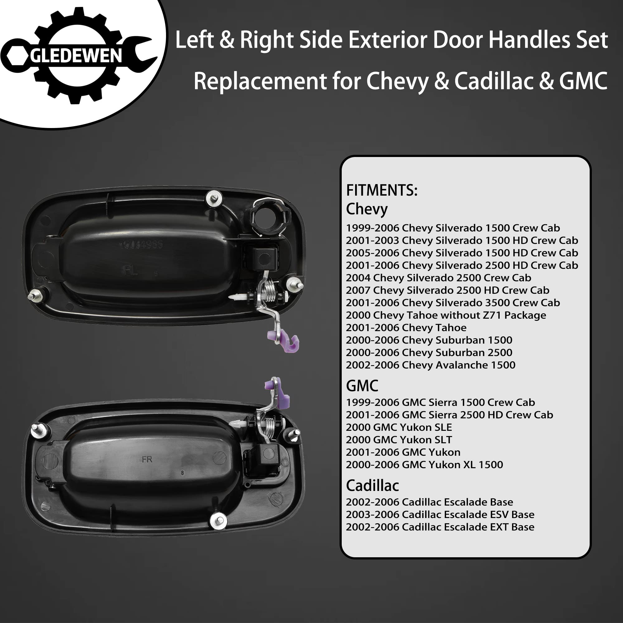 Exterior Door Handles Set With Keyhole, Compatible With 1999-2007 Chevy Silverado Suburban Tahoe Avalanche, Gmc Sierra Yukon, Cadillac Escalade, Front Outside Left & Right Side, 15034985, 15182406