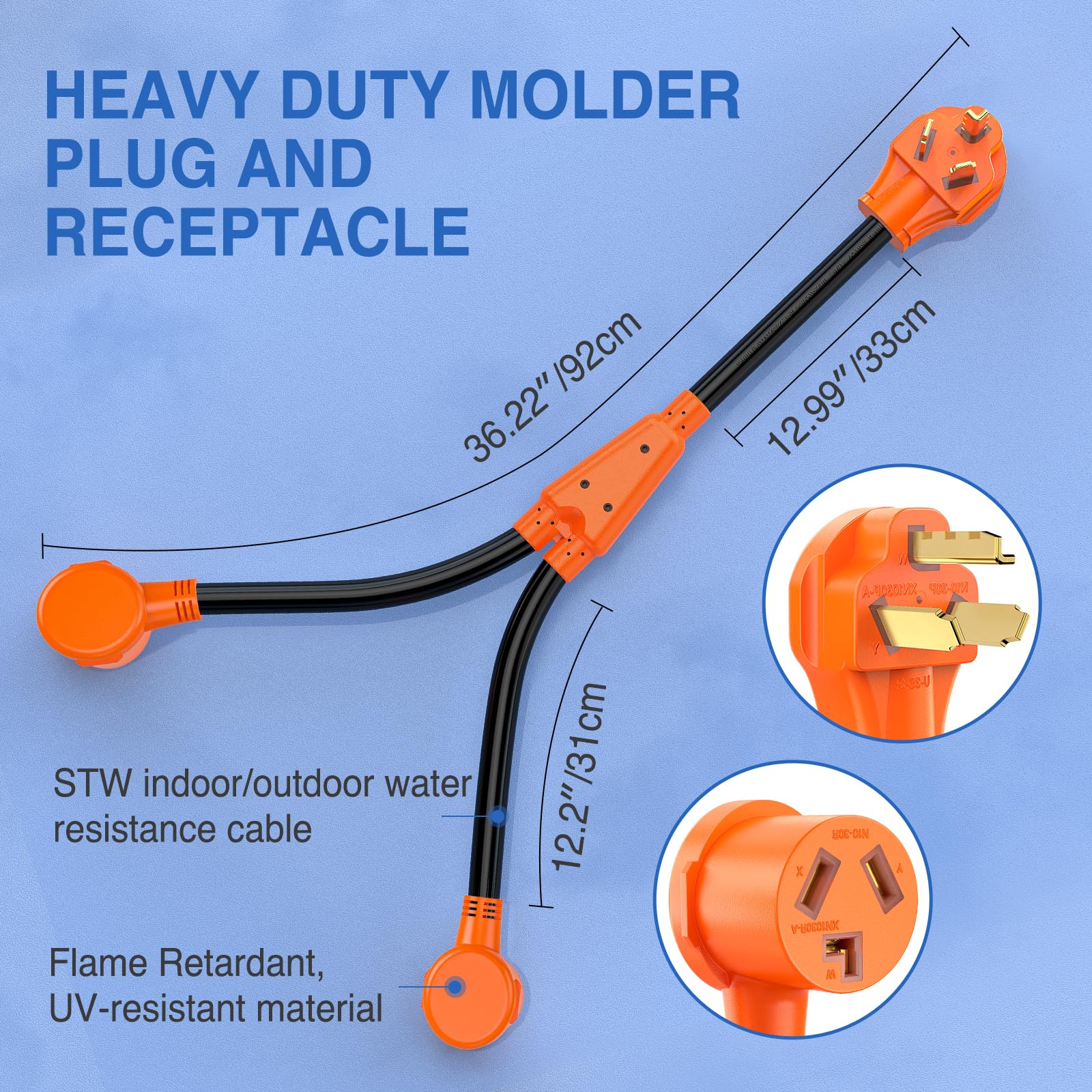 Nilight Ev Dryer Y Splitter Adapter Cord 30 Amp Male Plug To Two 30Amp Female Receptacle 3 Prong 125V/250V 7500 Watt Pure Copper