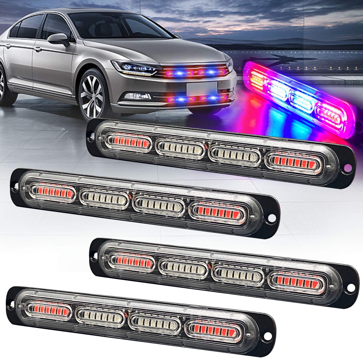 Xtauto Led Emergency Strobe Light 24-Led Red Blue Red Ultra-Thin Surface Mount Flashing Warning Beacon Hazard Construction Cauti