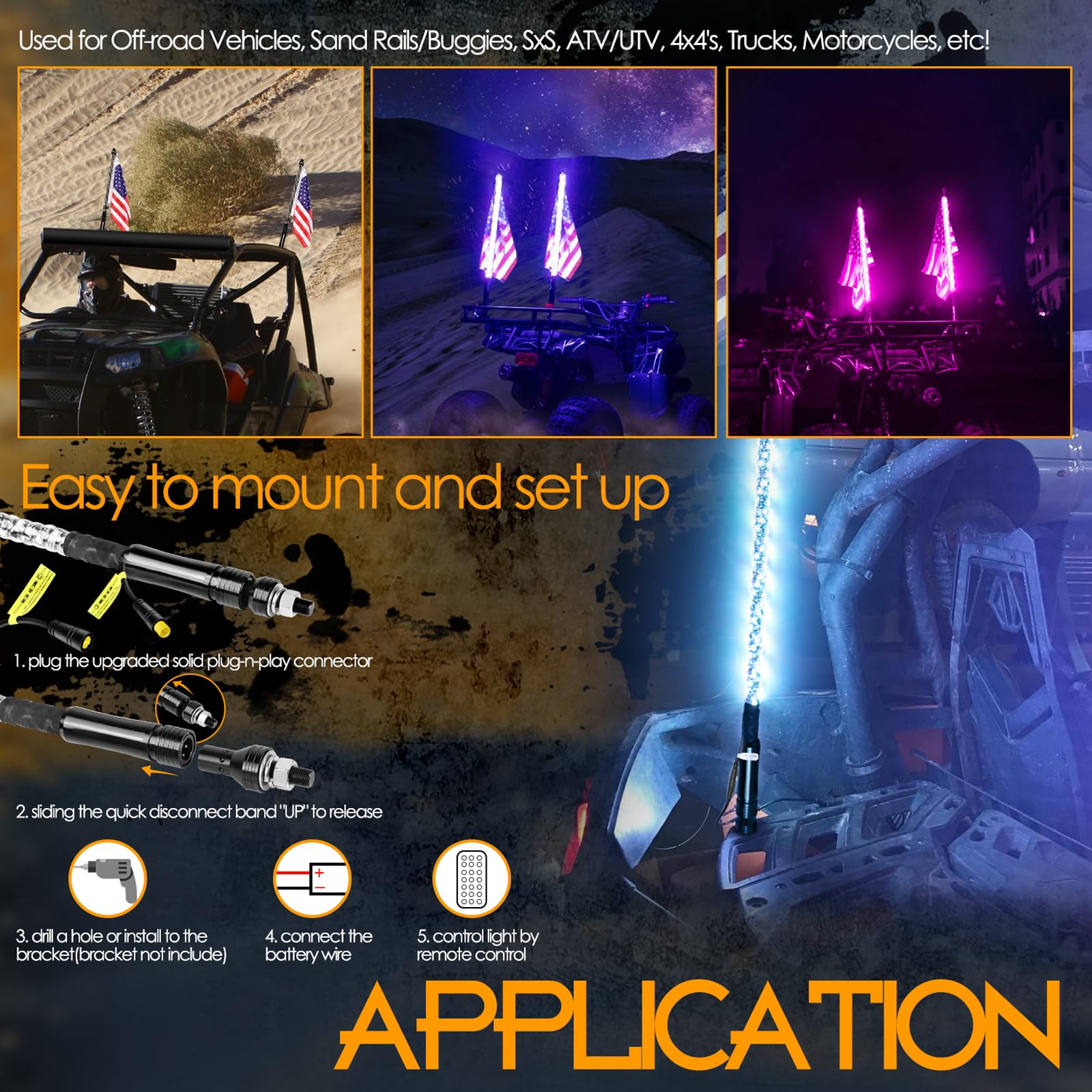 Nirider 2PCS 2ft LED Whip Lights with Flag Pole Remote Control Spiral RGB Chase Light Offroad Warning Lighted Antenna LED Whips